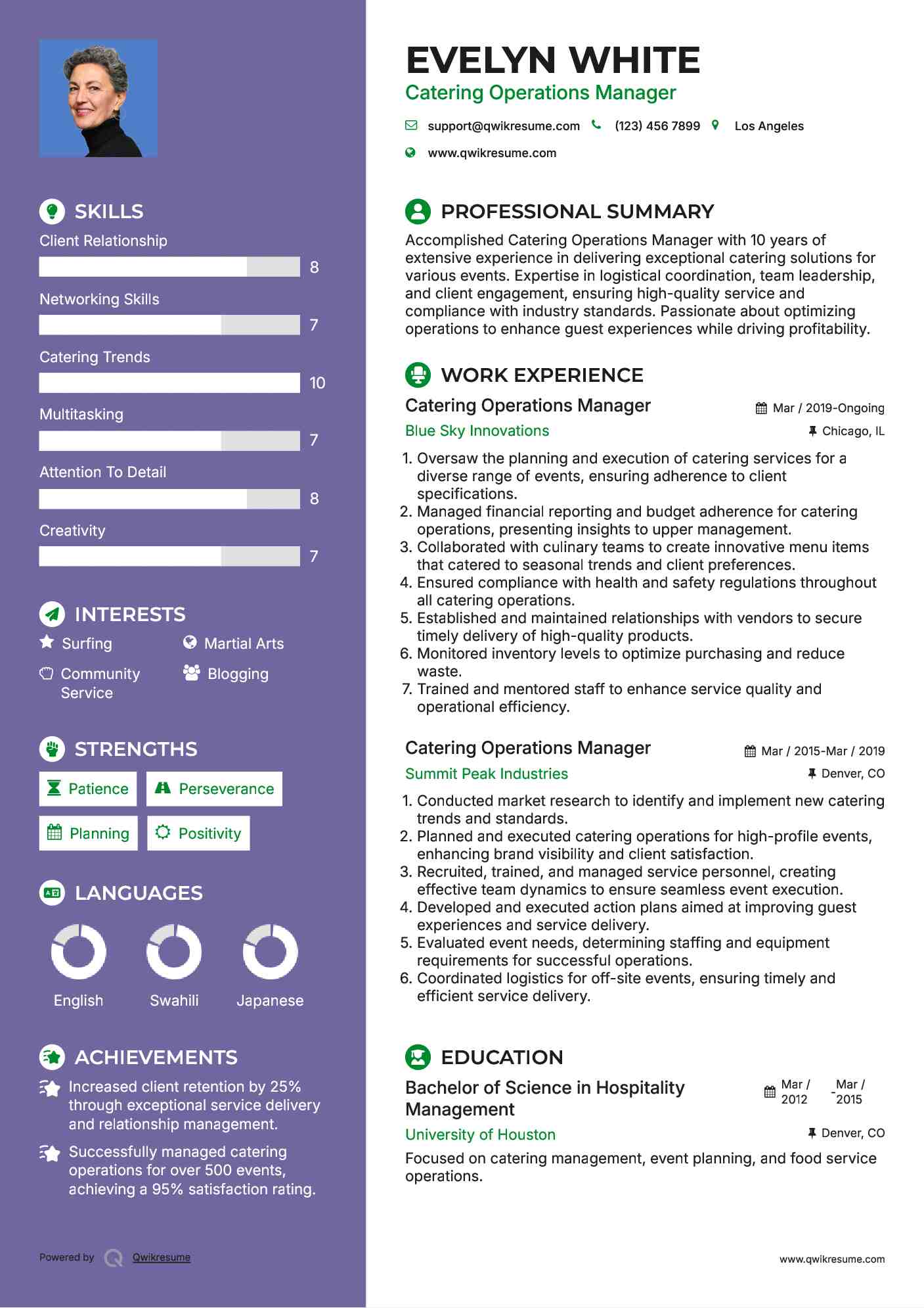 Catering Operations Manager Resume Example