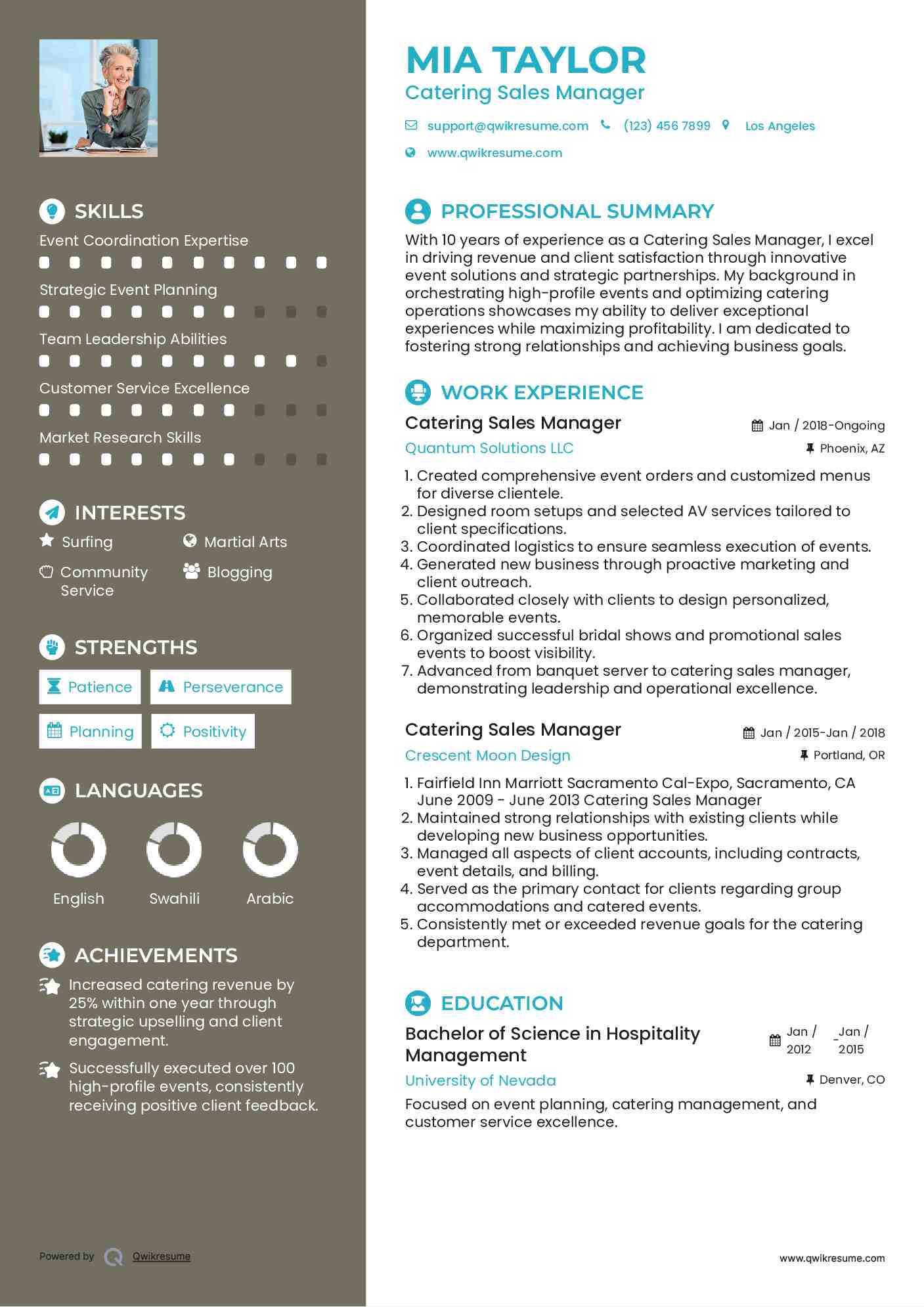 Catering Sales Manager Resume Format