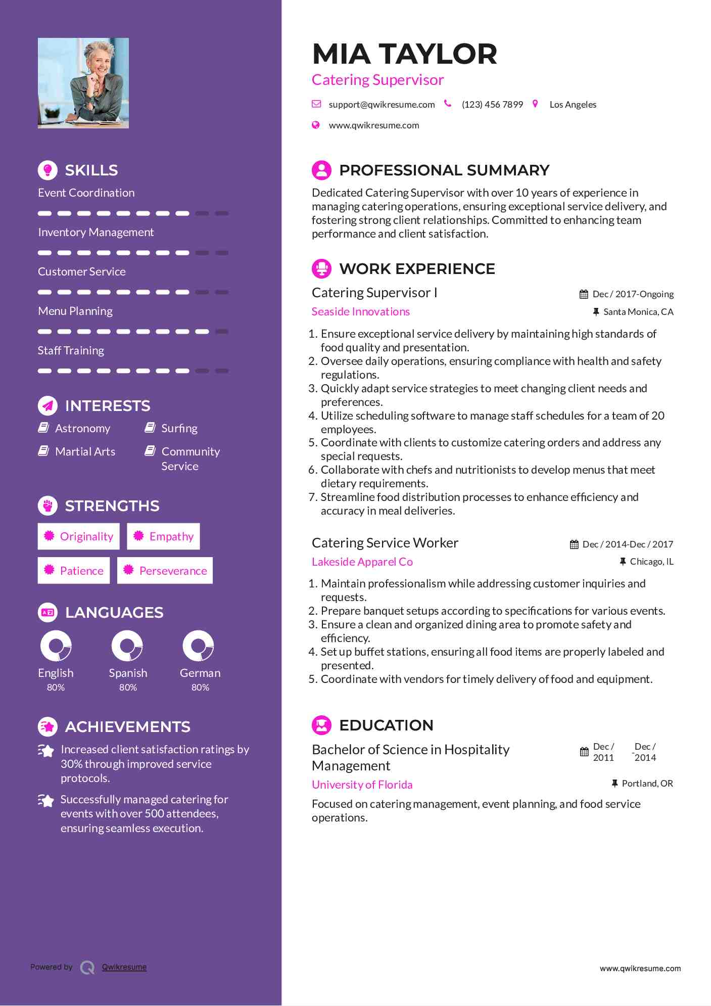 Catering Supervisor I Resume Sample