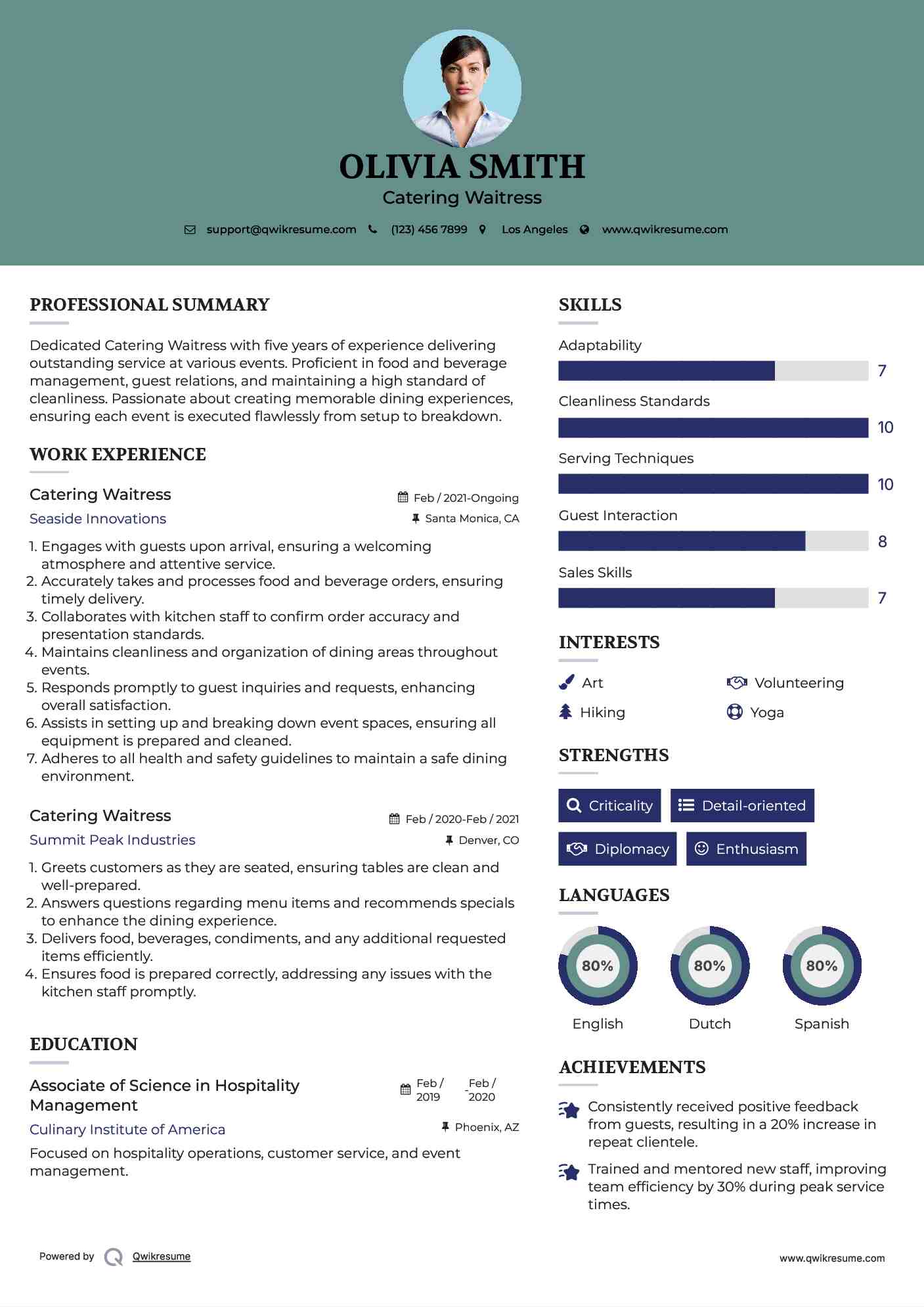 Catering Waitress Resume Sample
