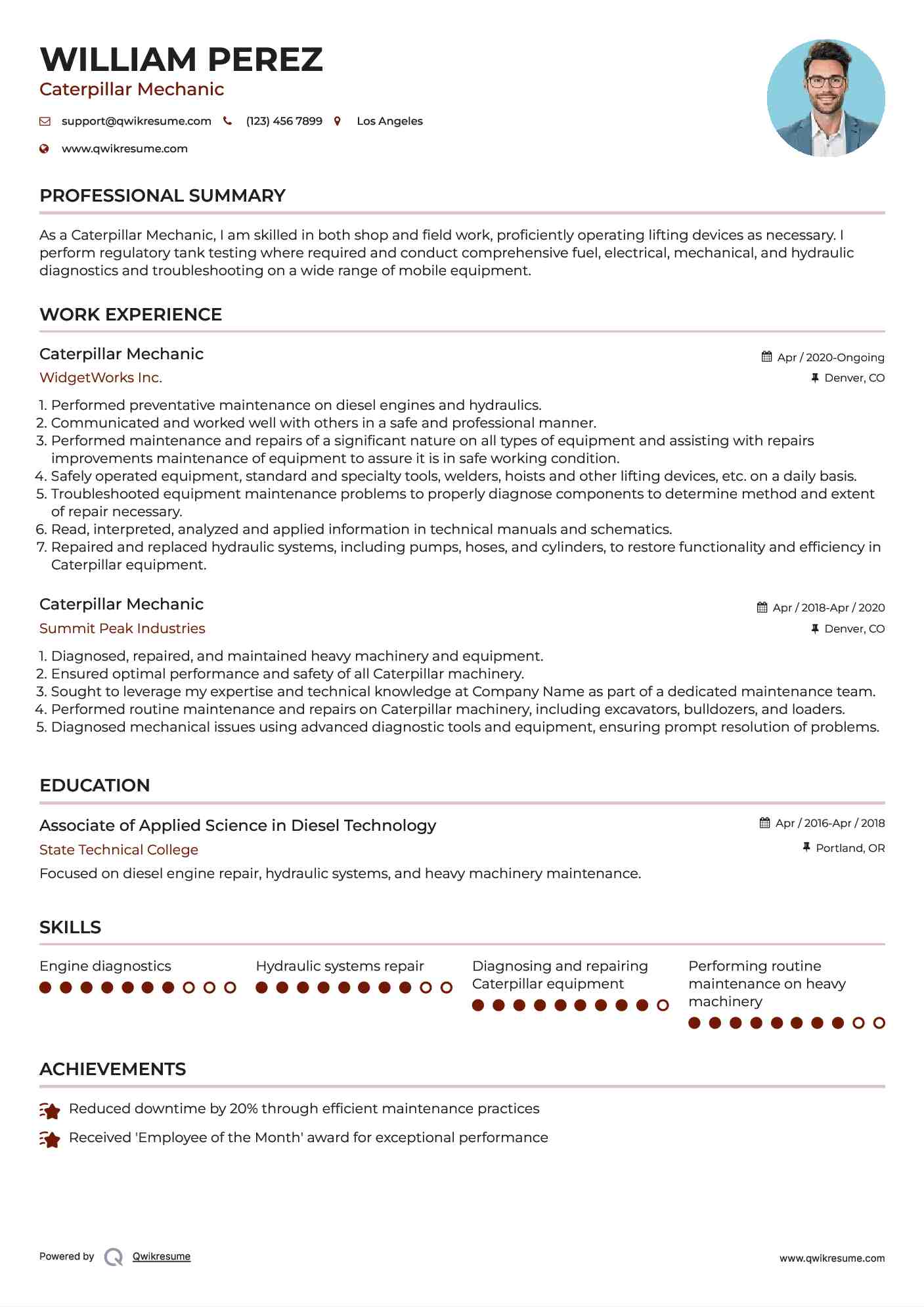 Caterpillar Mechanic Resume Example