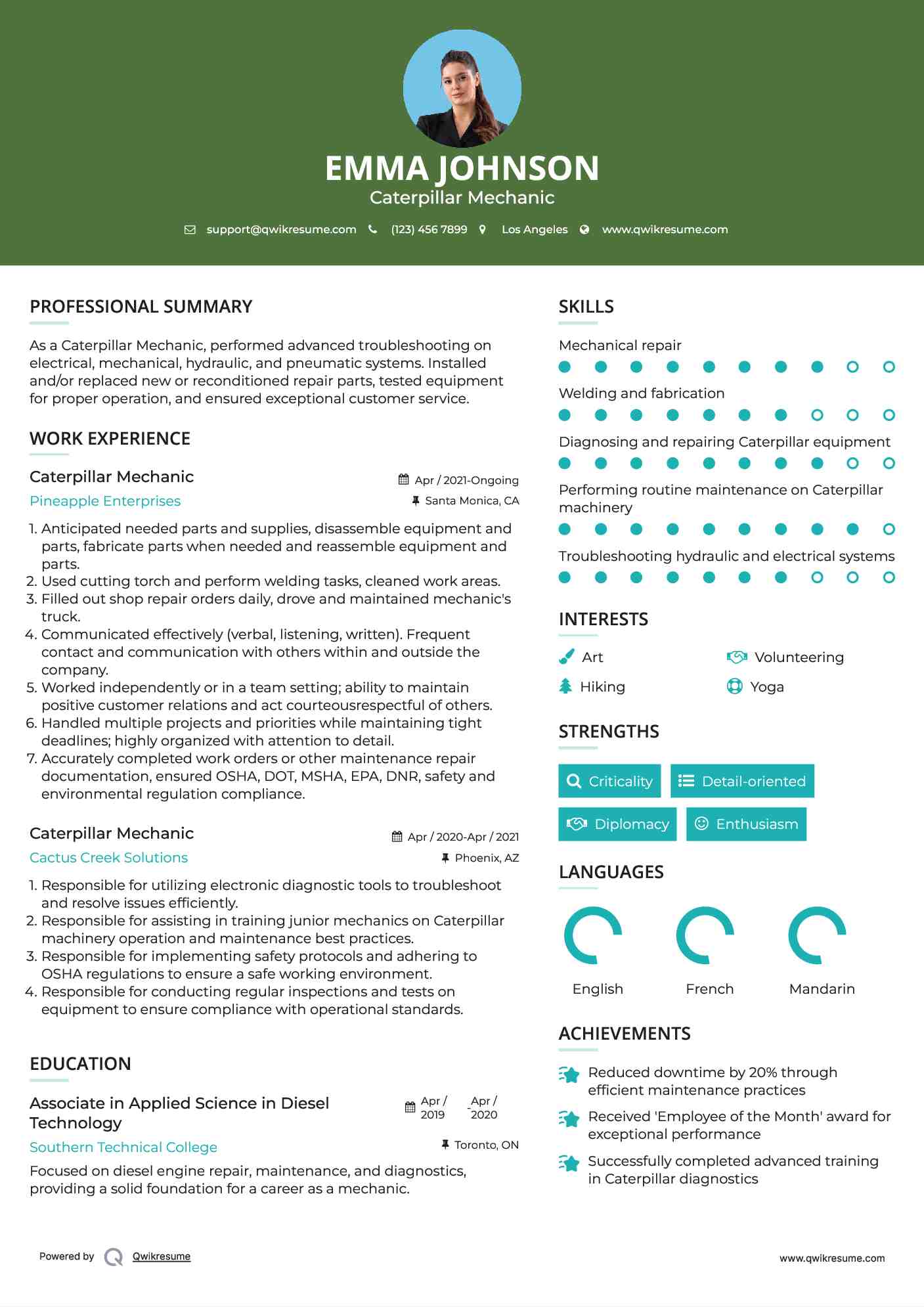 Caterpillar Mechanic Resume Format