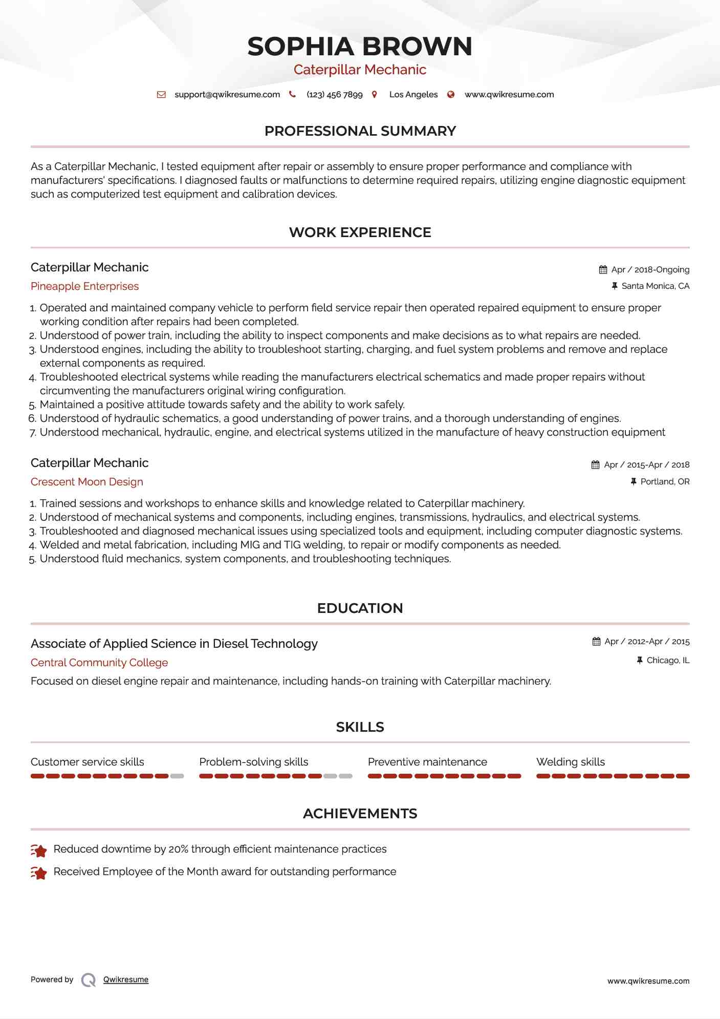 Caterpillar Mechanic Resume Model