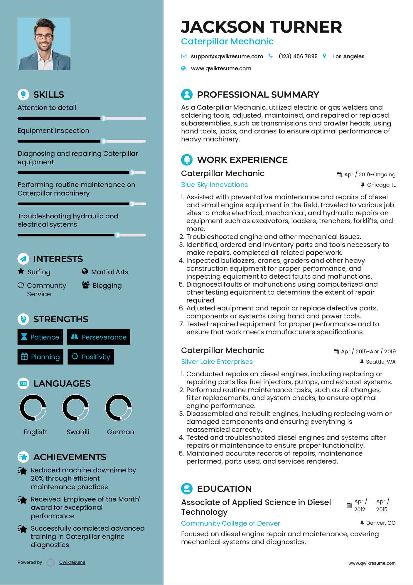 Caterpillar Mechanic Resume Model