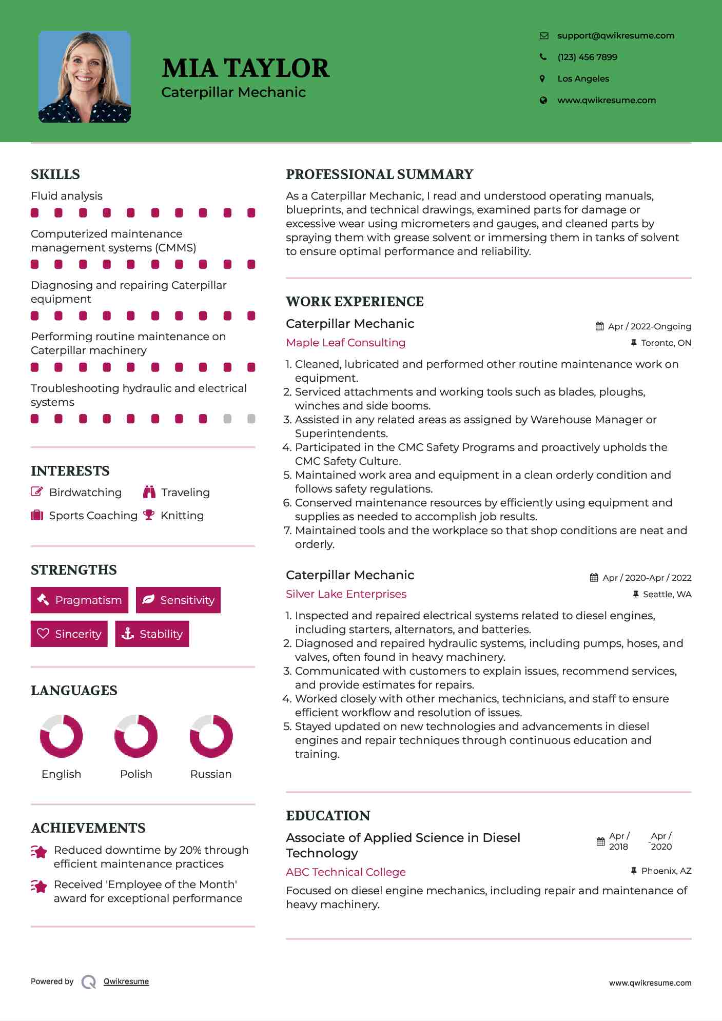 Caterpillar Mechanic Resume Model