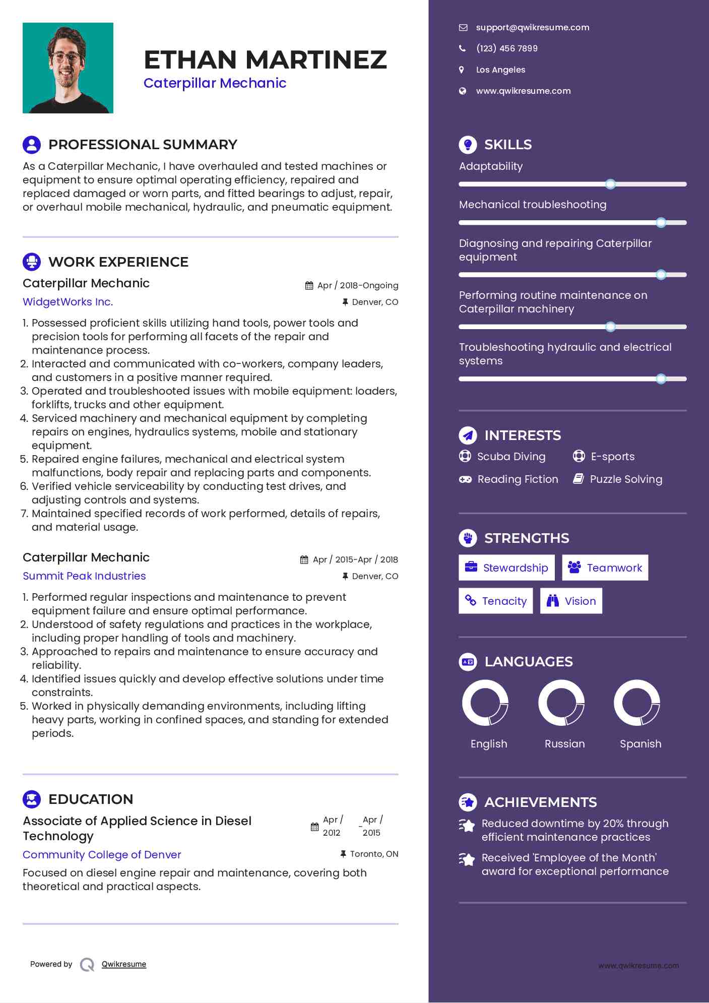 Caterpillar Mechanic Resume Example