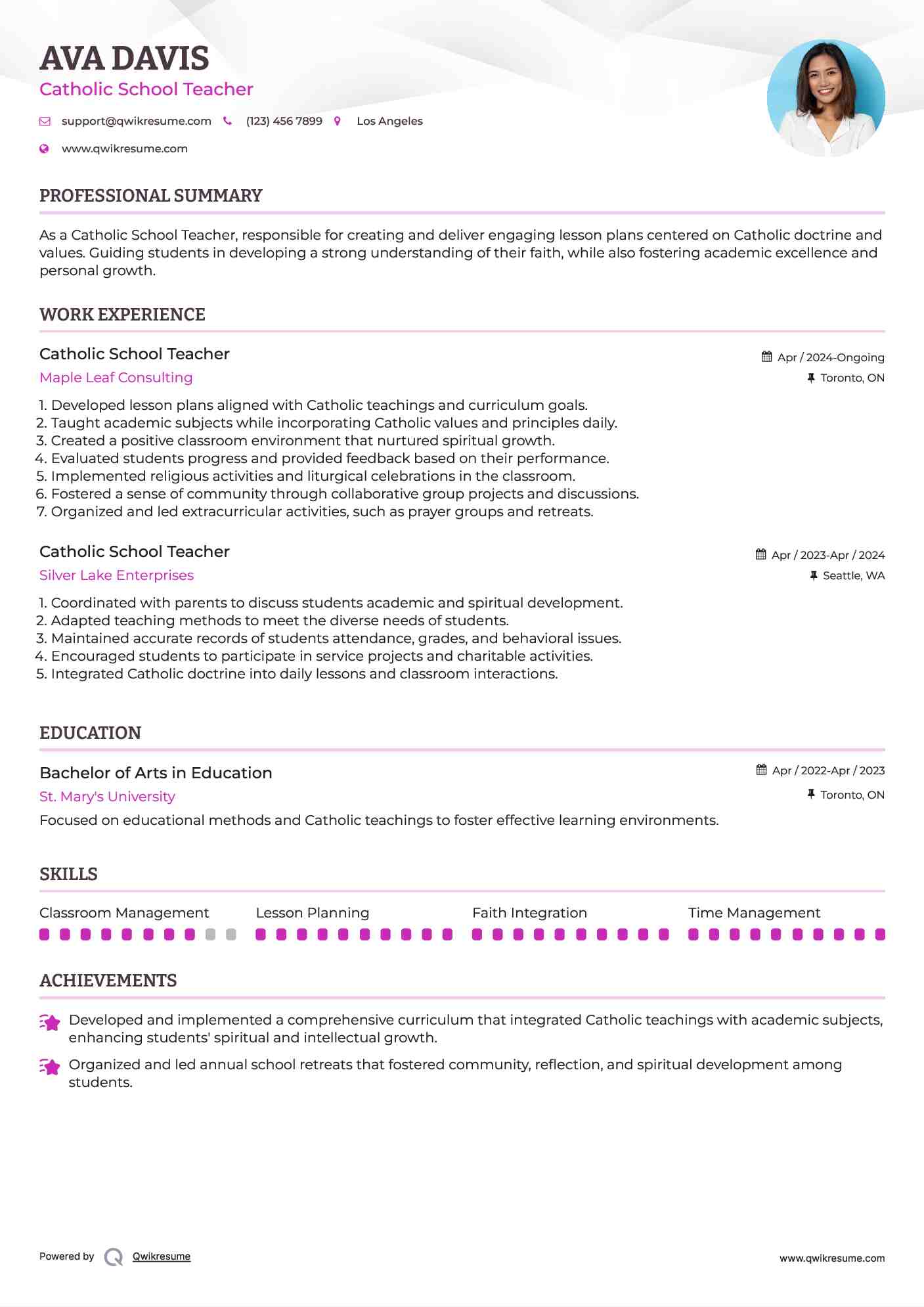 Catholic School Teacher Resume Format