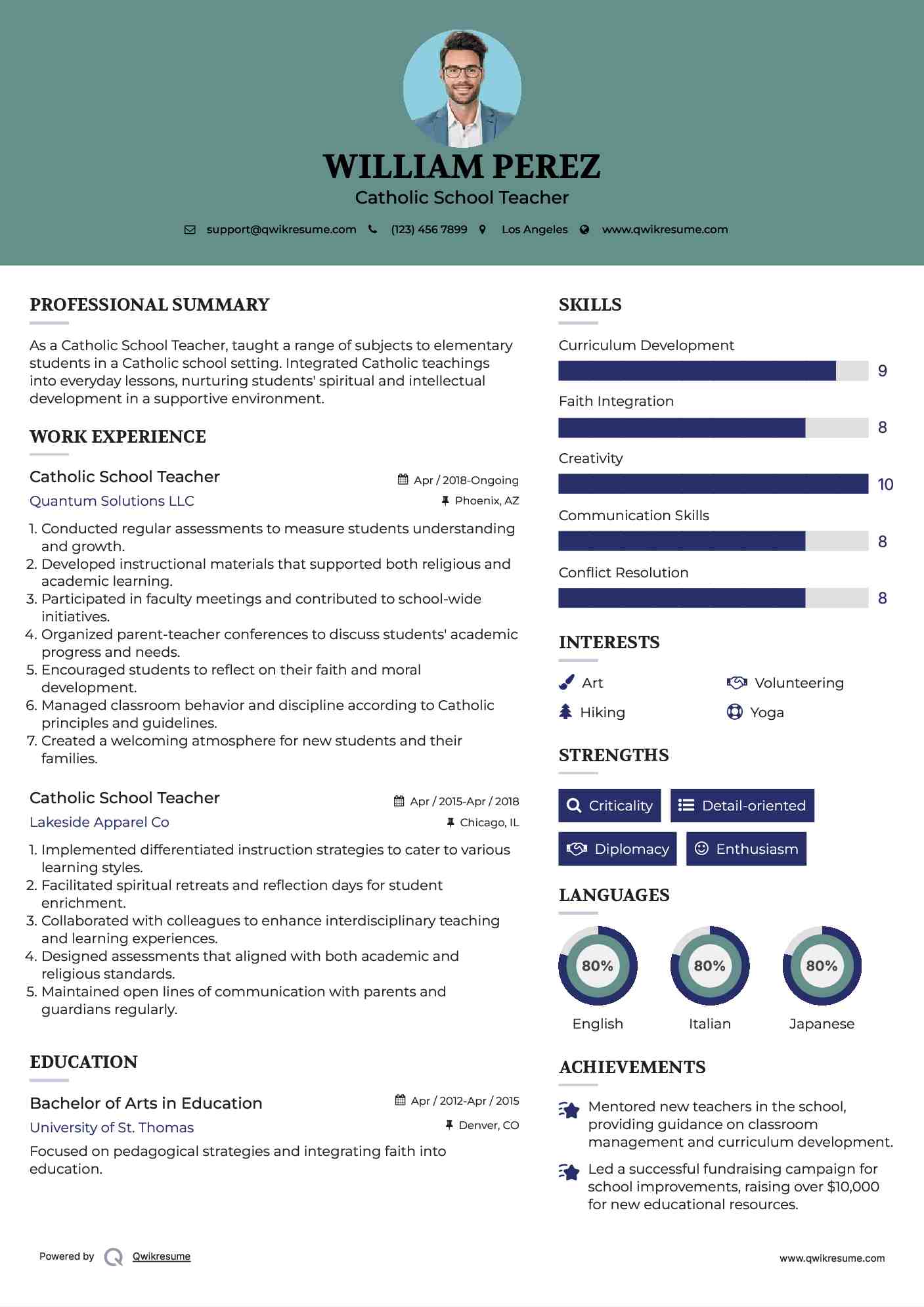 Catholic School Teacher Resume Example
