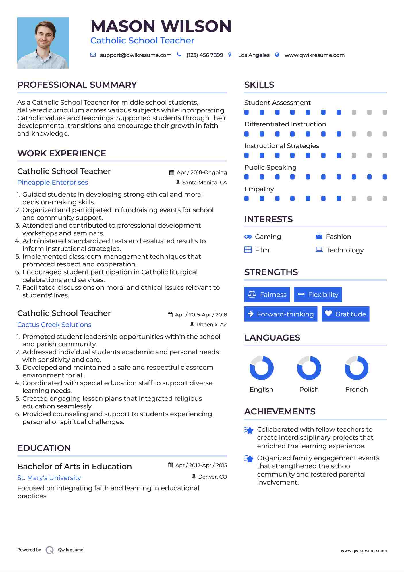 Catholic School Teacher Resume Sample