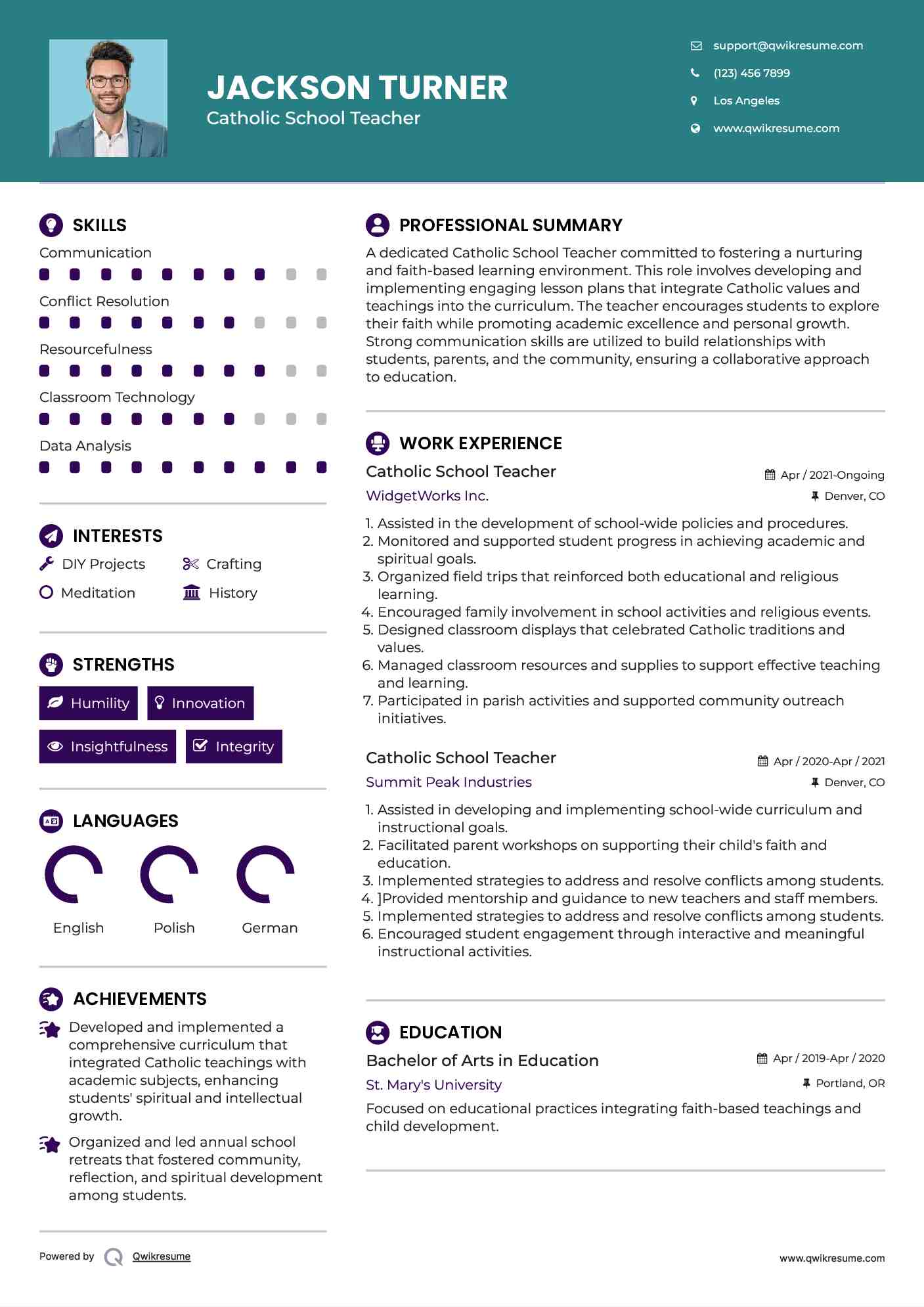 Catholic School Teacher Resume Sample