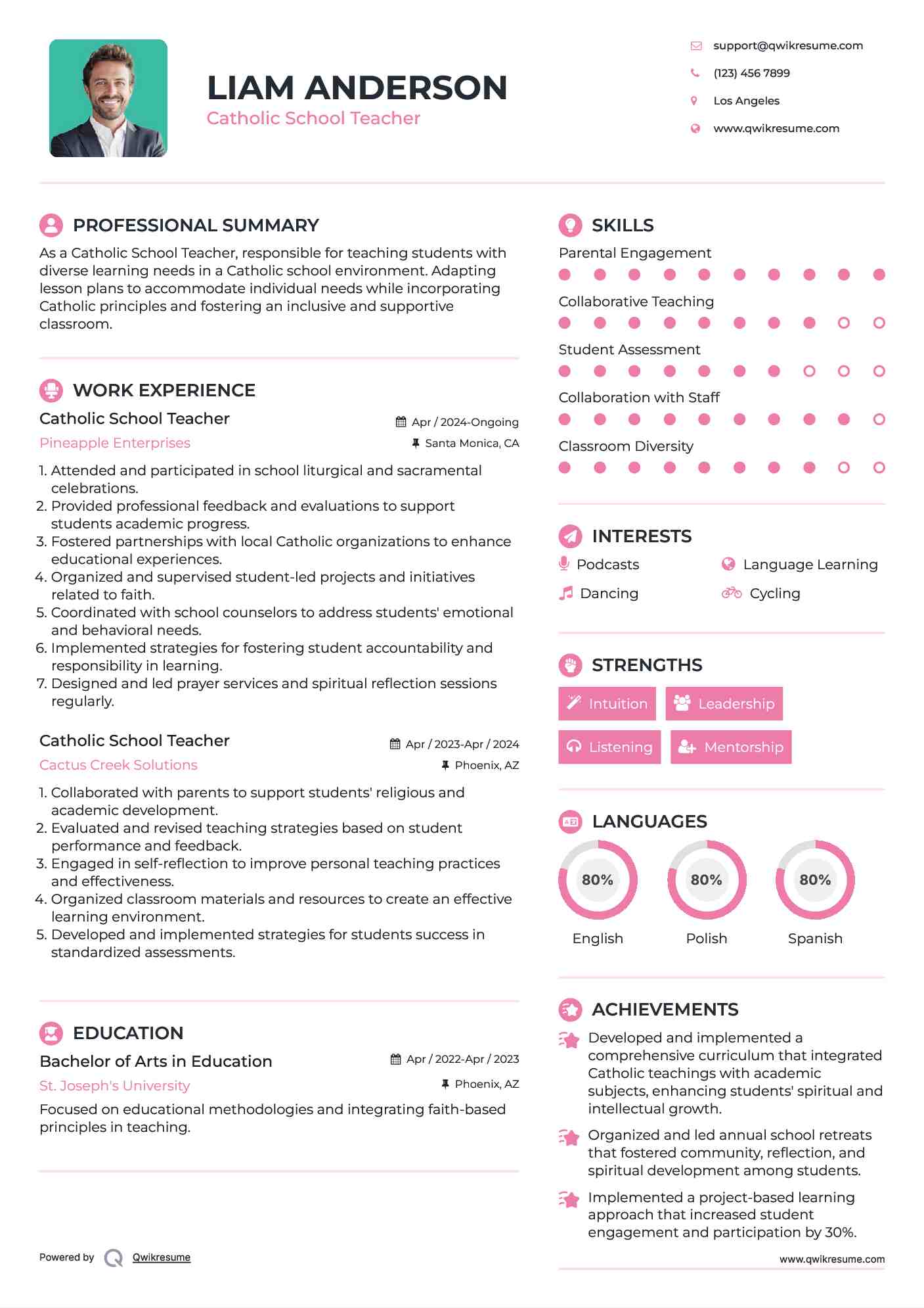 Catholic School Teacher Resume Model