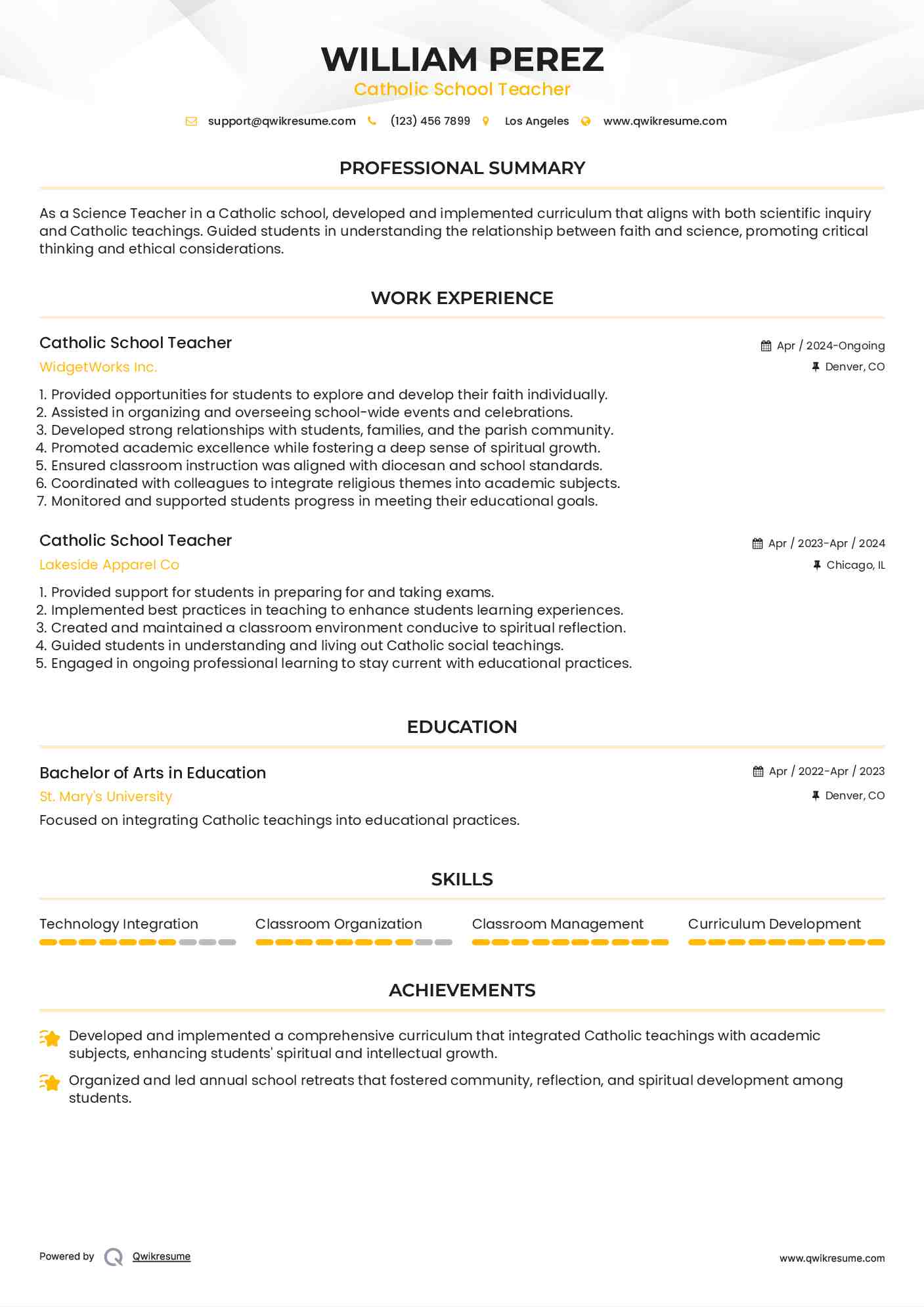 Catholic School Teacher Resume Format