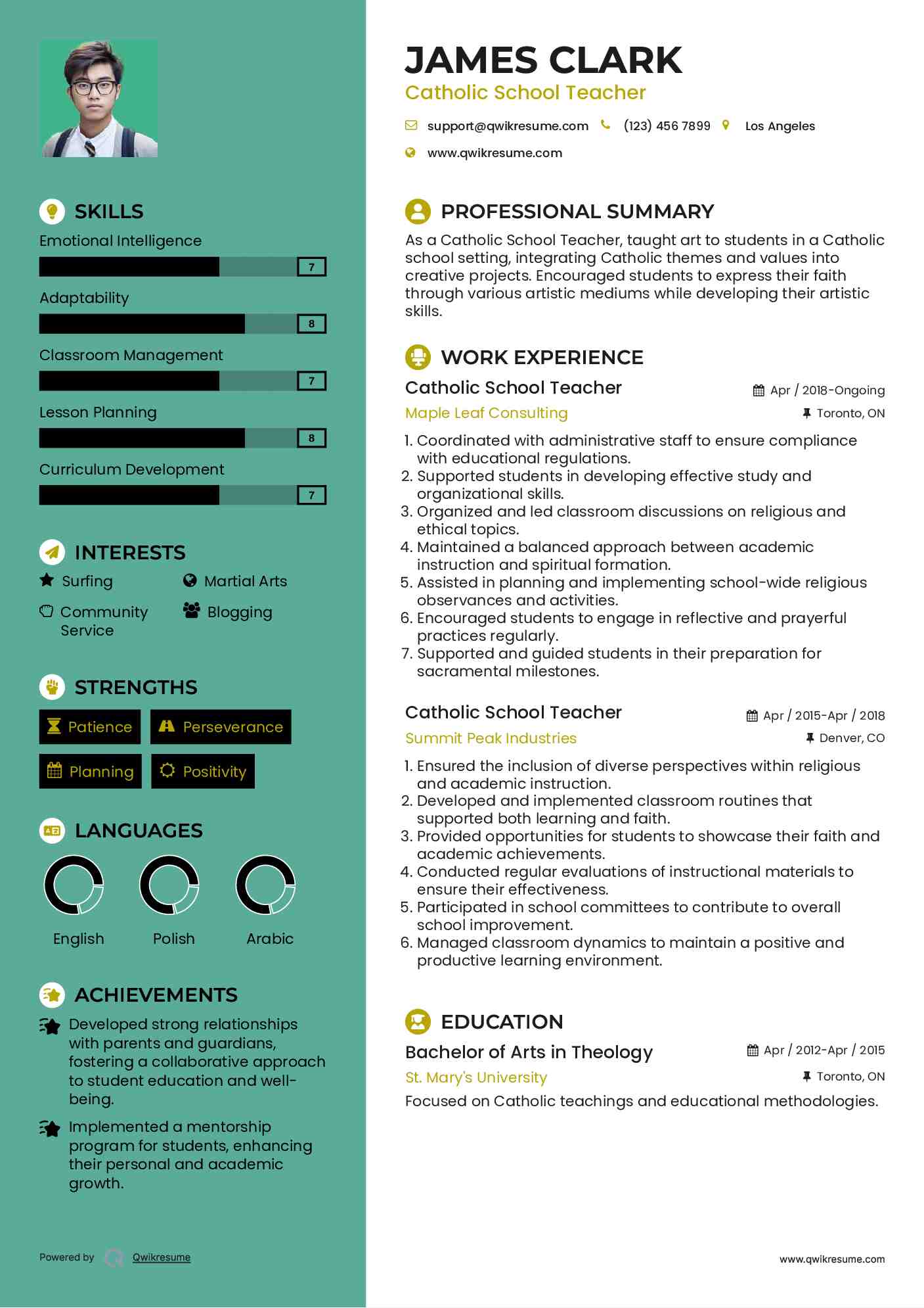 Catholic School Teacher Resume Example