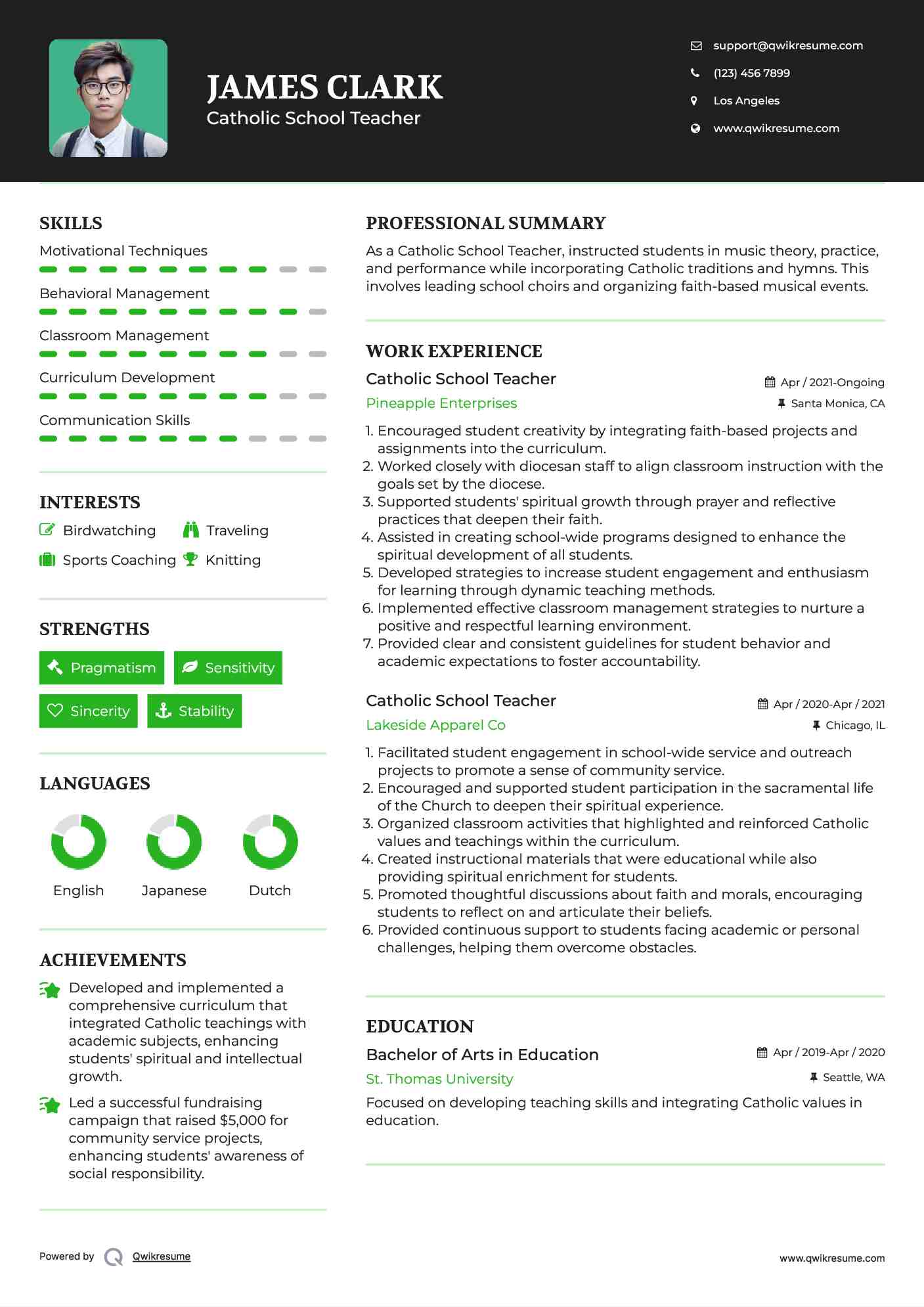 Catholic School Teacher Resume Sample