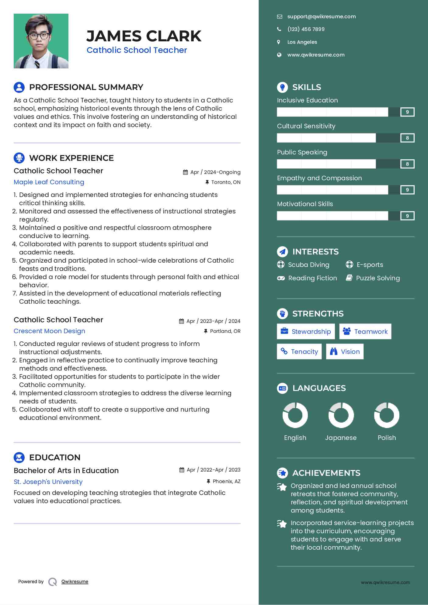 Catholic School Teacher Resume Template