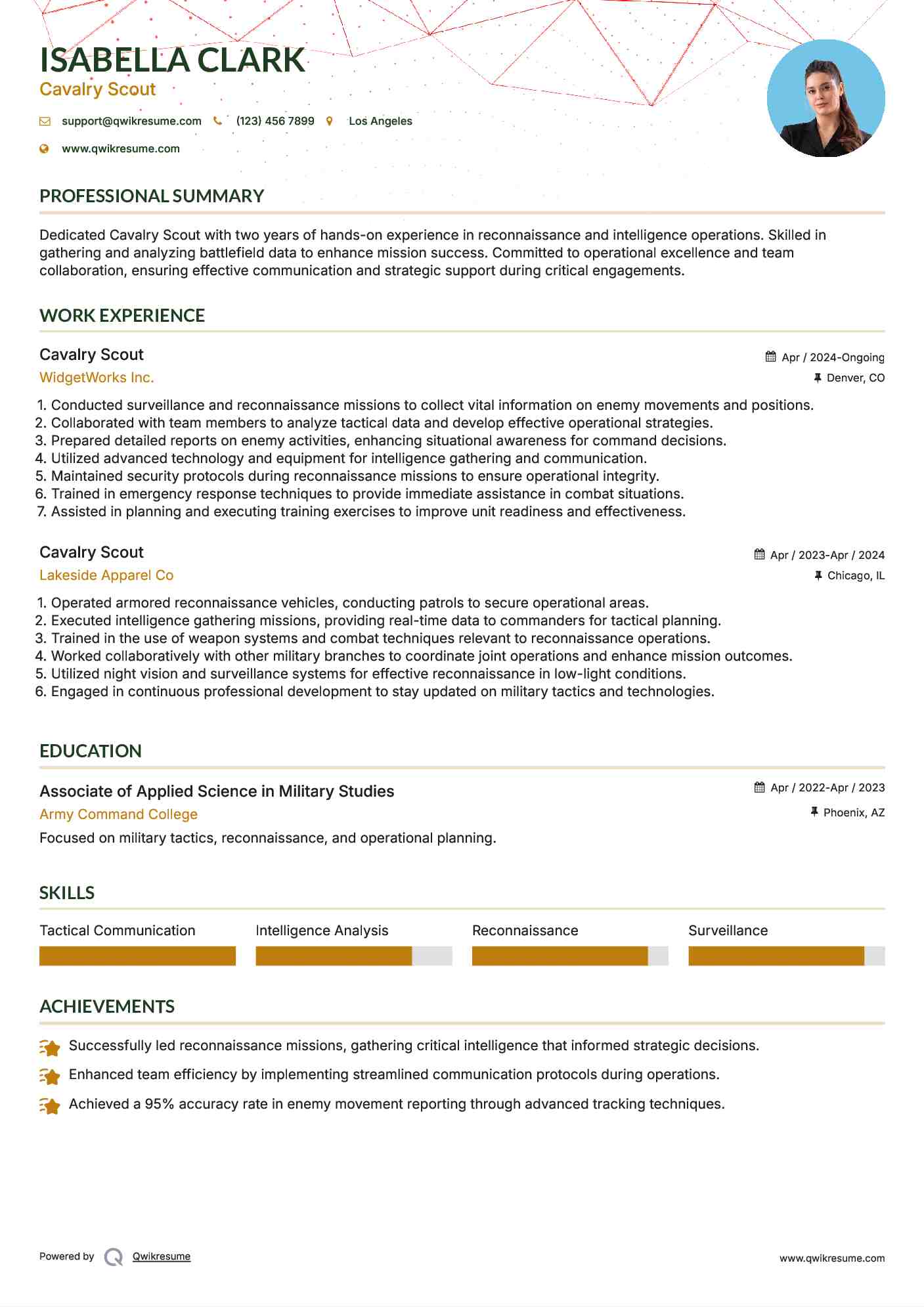 Cavalry Scout Resume Example