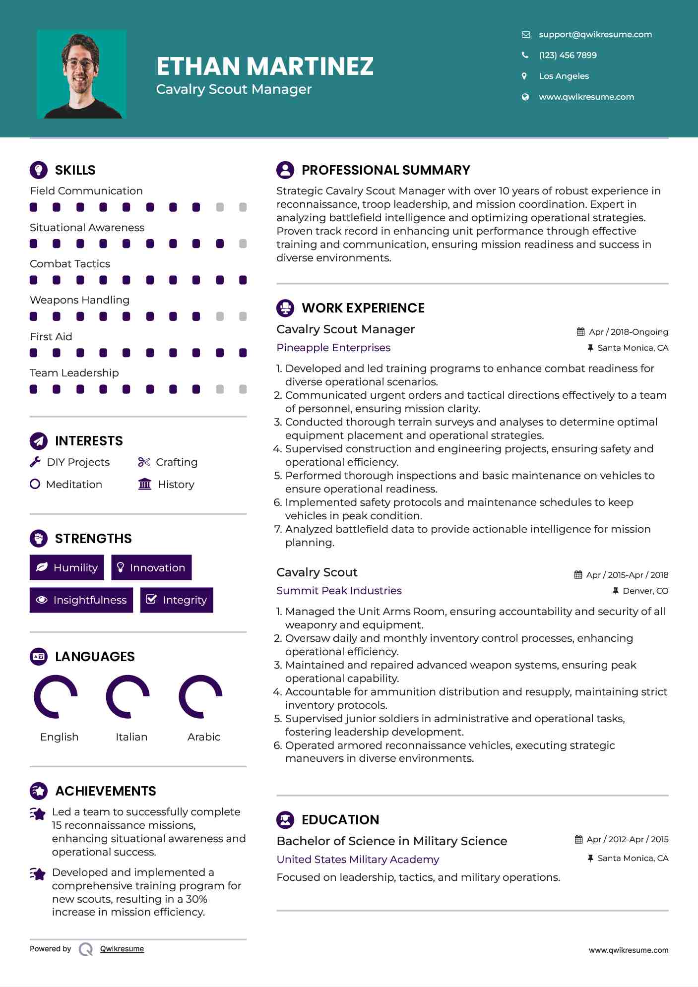 Cavalry Scout Manager Resume Model