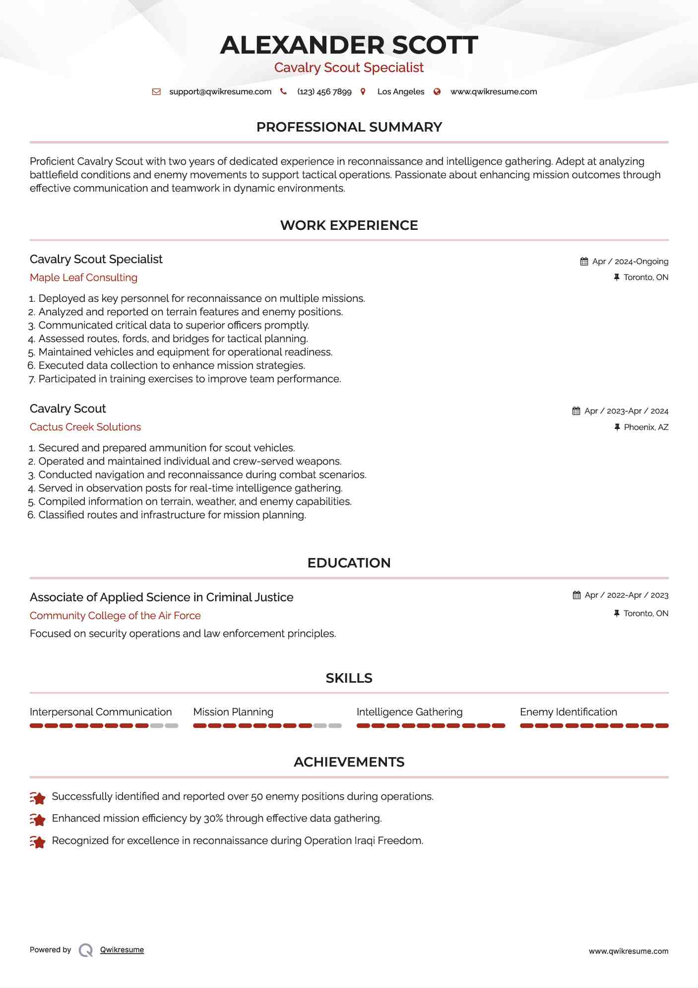 Cavalry Scout Specialist Resume Format