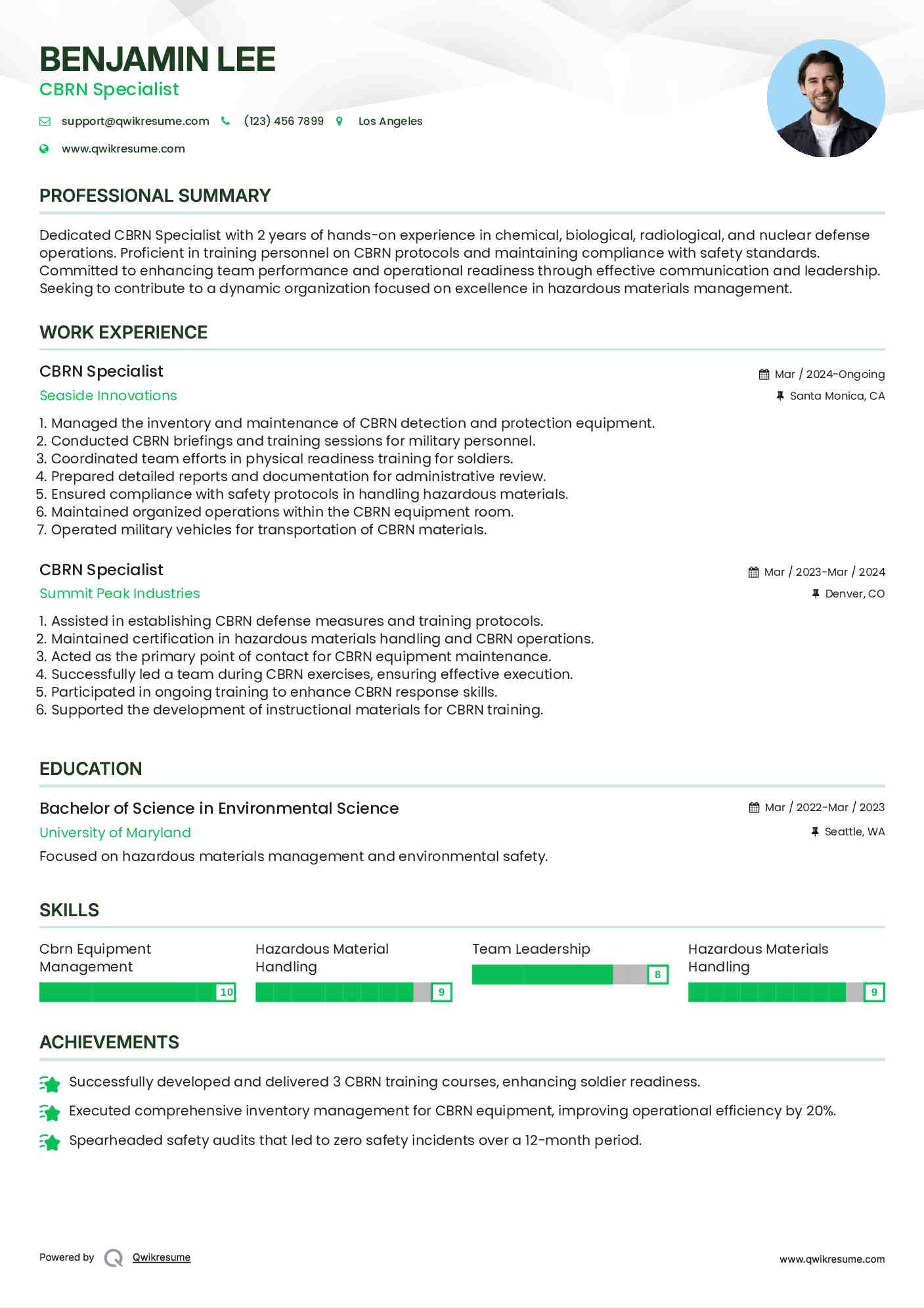 CBRN Specialist Resume Model
