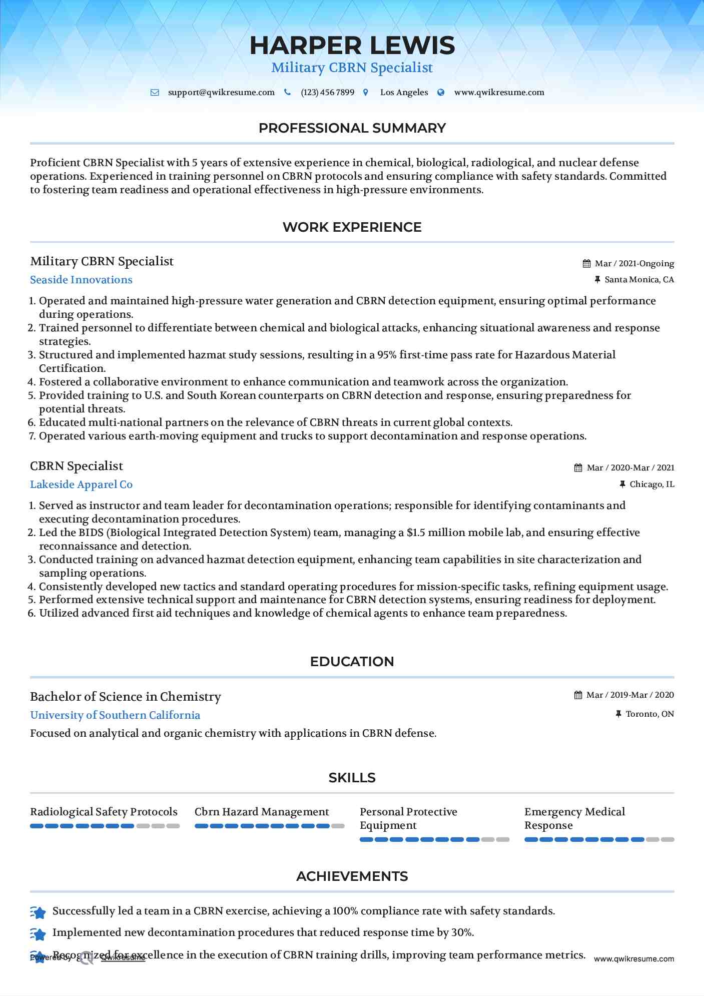 Military CBRN Specialist Resume Model