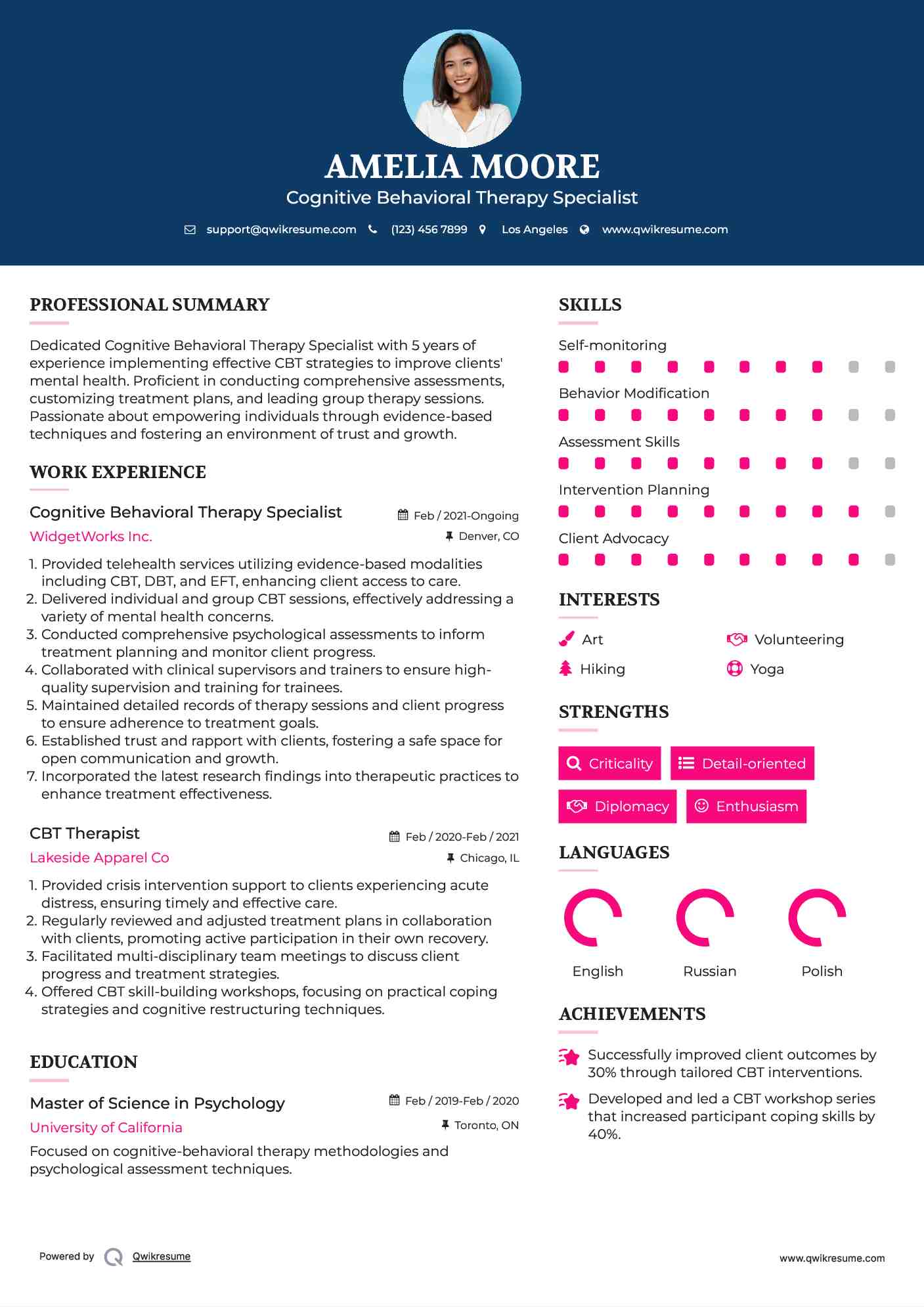 Cognitive Behavioral Therapy Specialist Resume Template