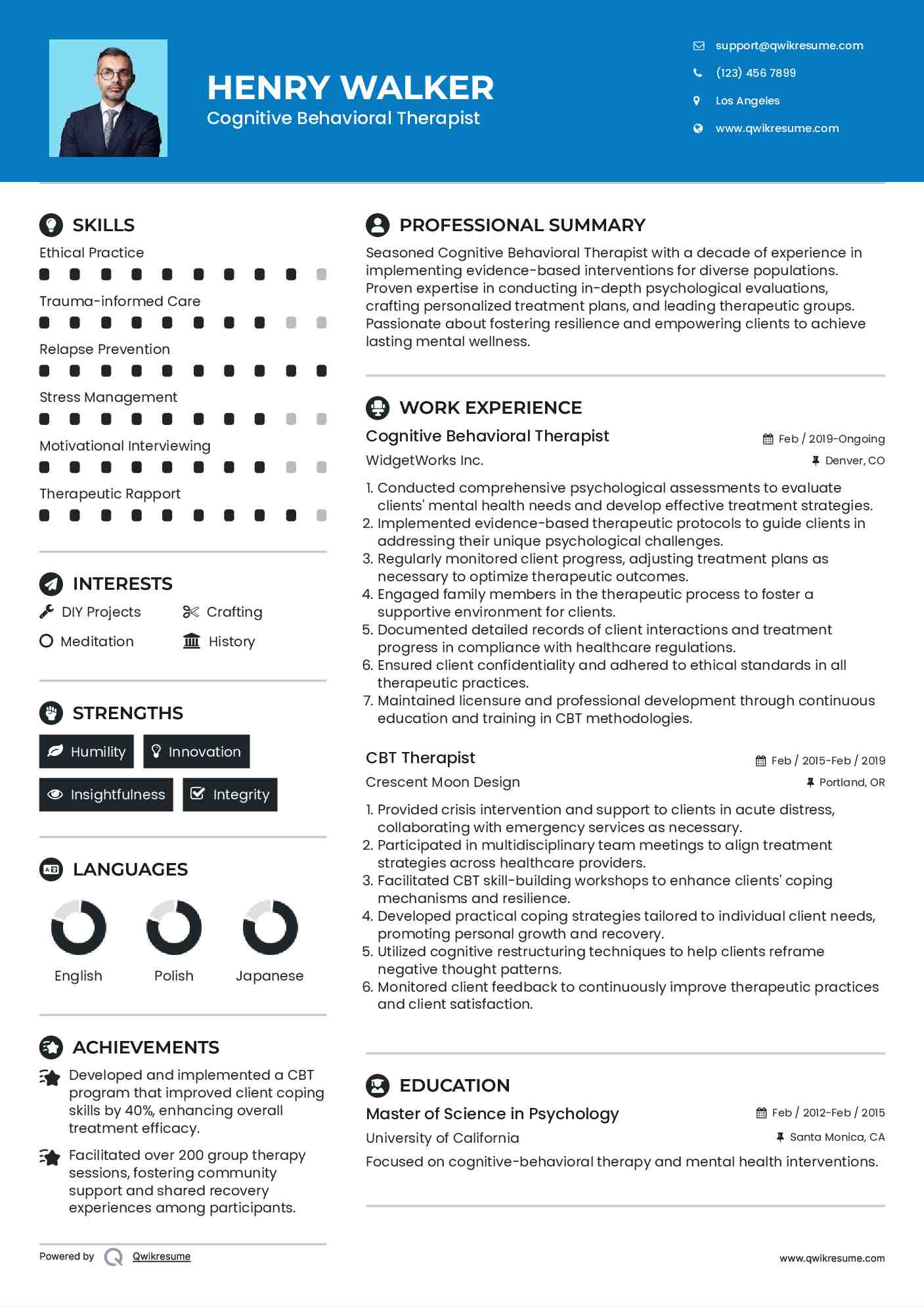 Cognitive Behavioral Therapist Resume Sample