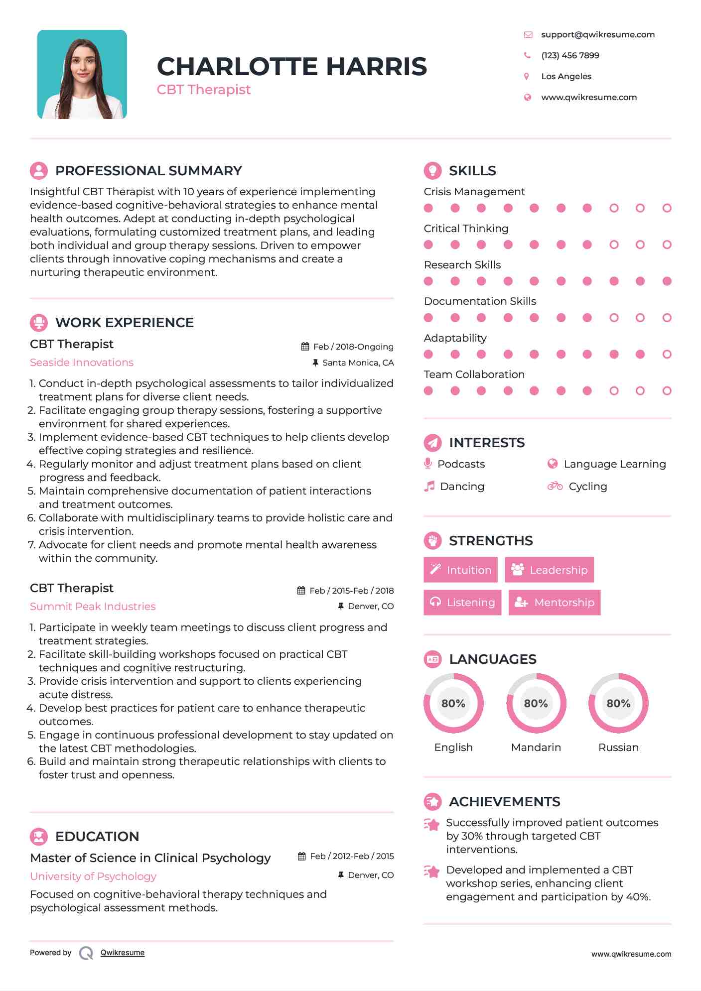 CBT Therapist Resume Model