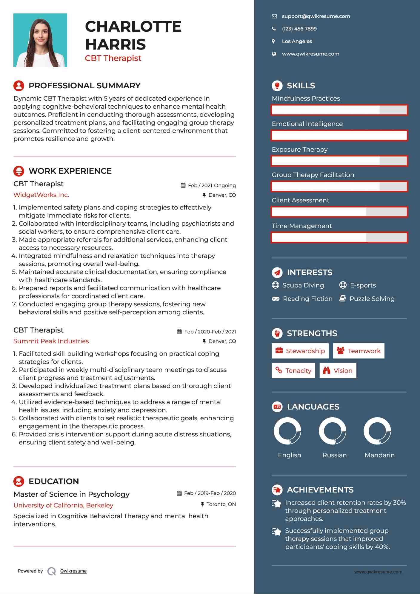 CBT Therapist Resume Sample