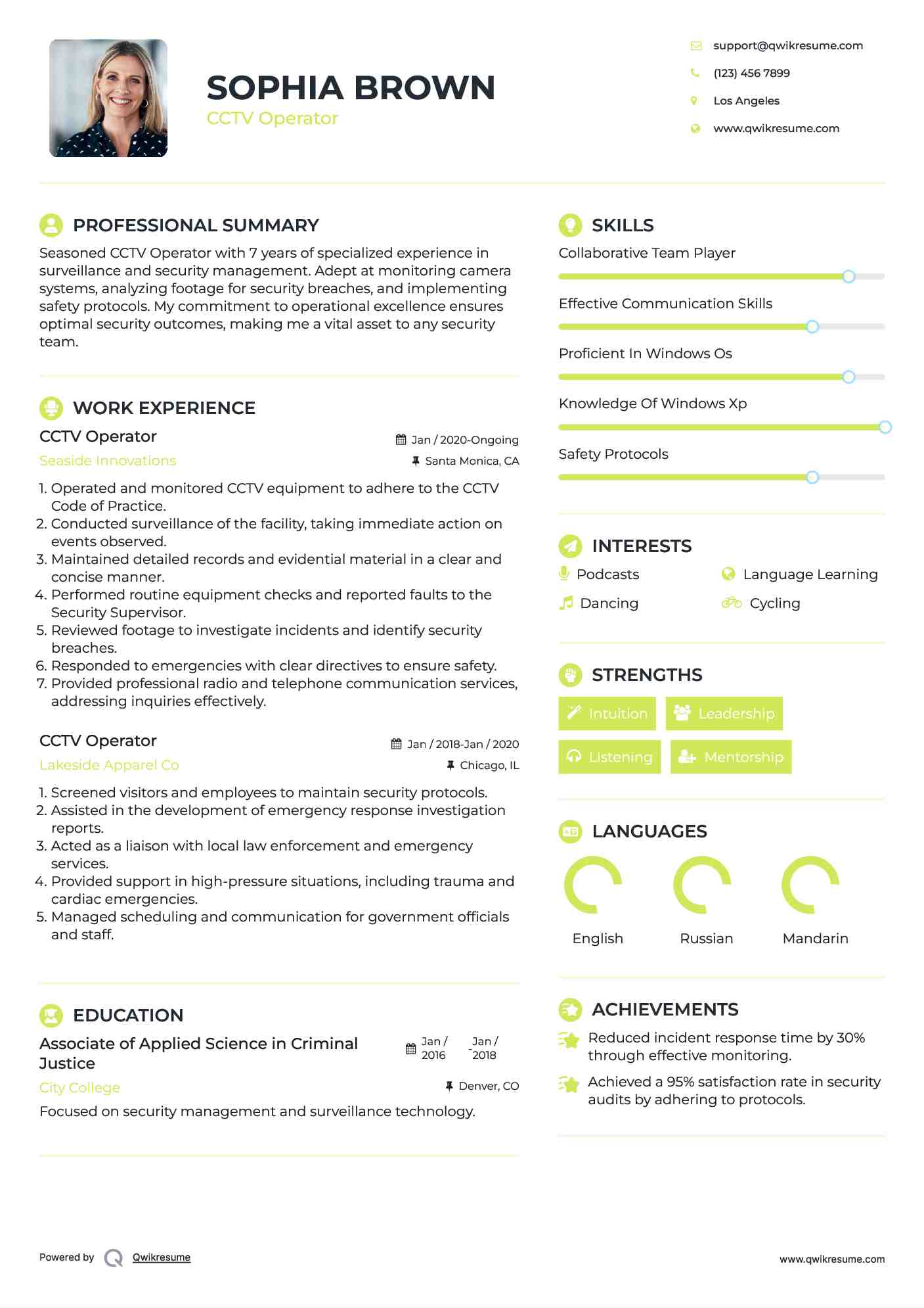 CCTV Operator Resume Samples QwikResume