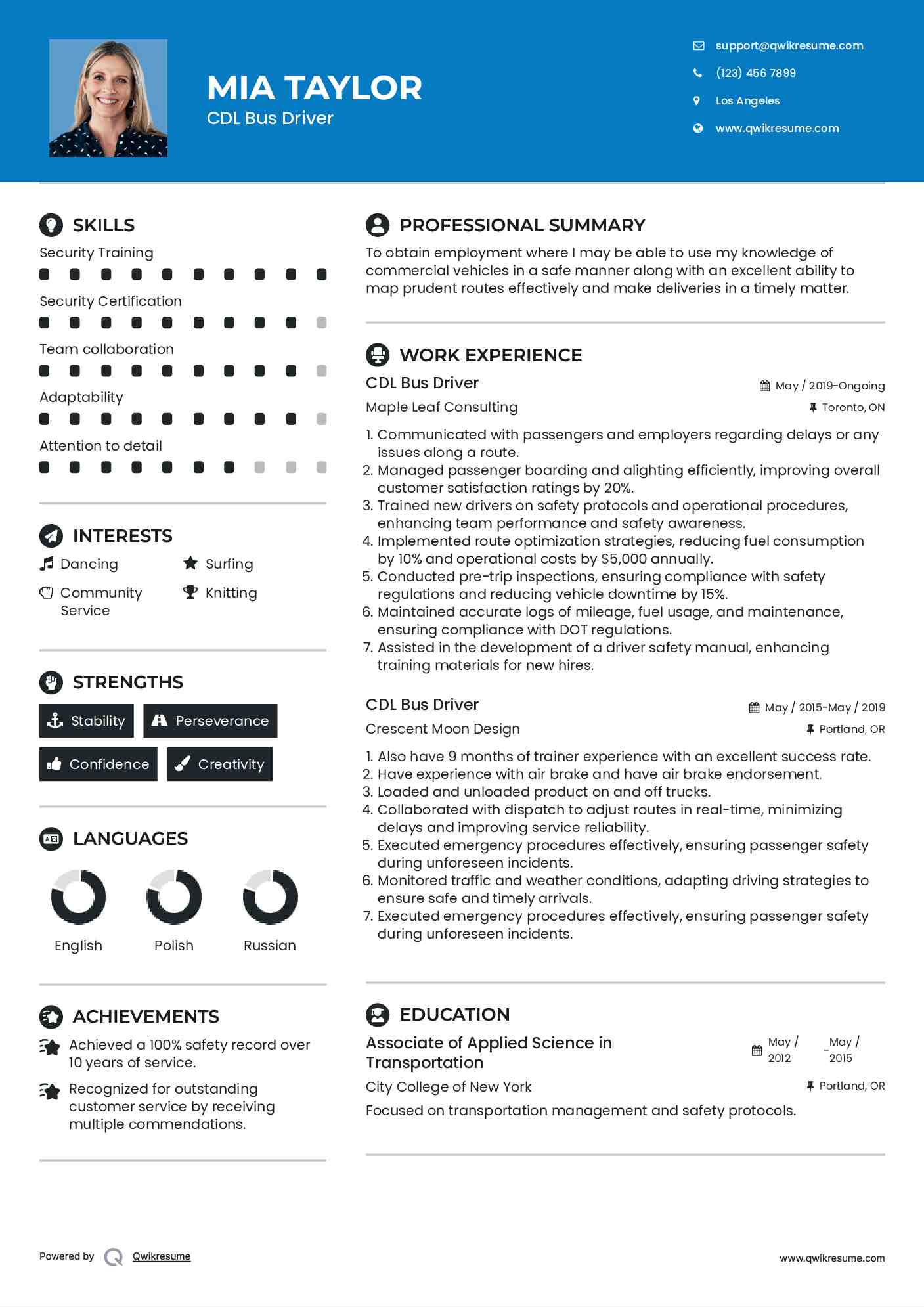 CDL Bus Driver Resume Format