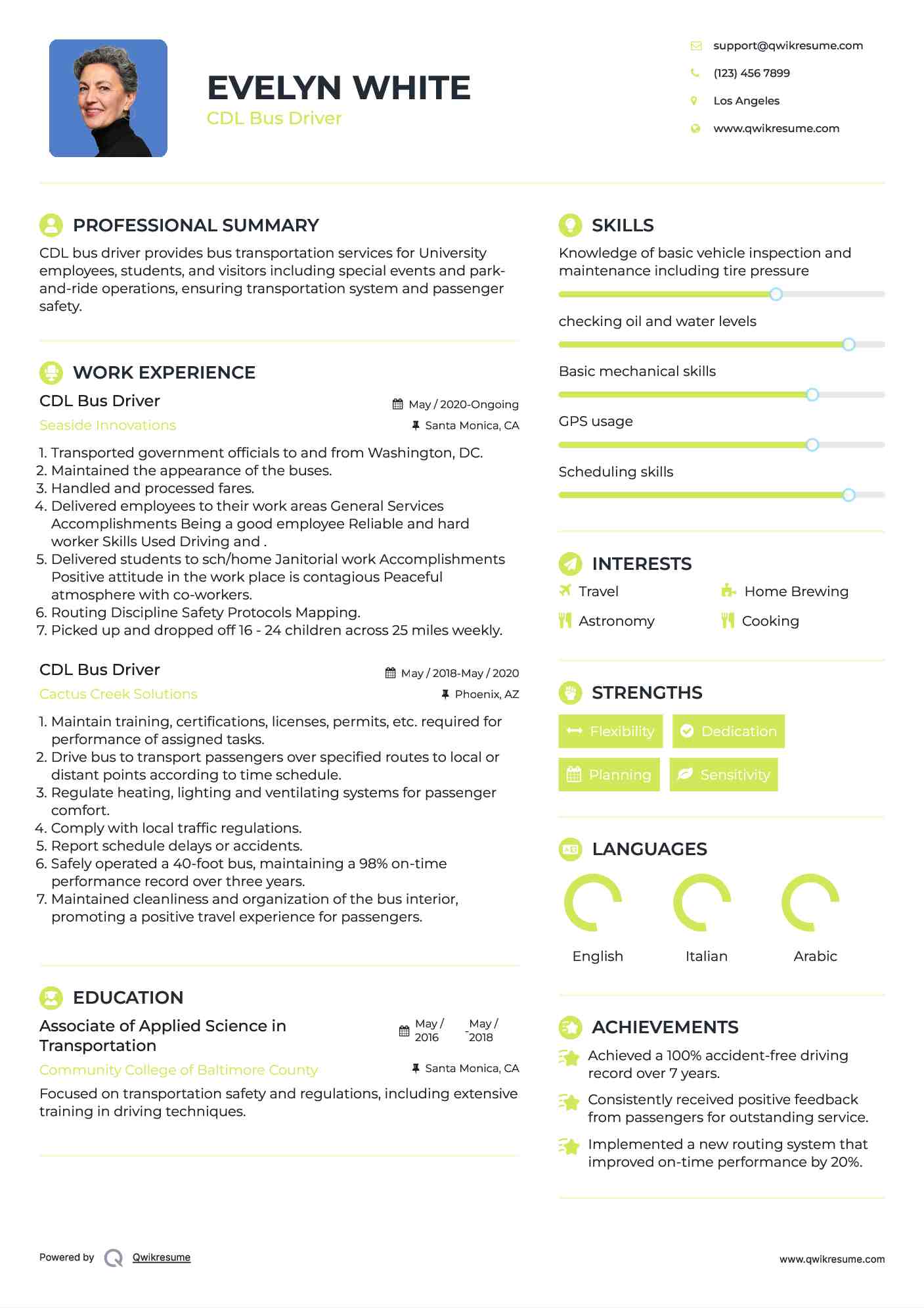 CDL Bus Driver Resume Example