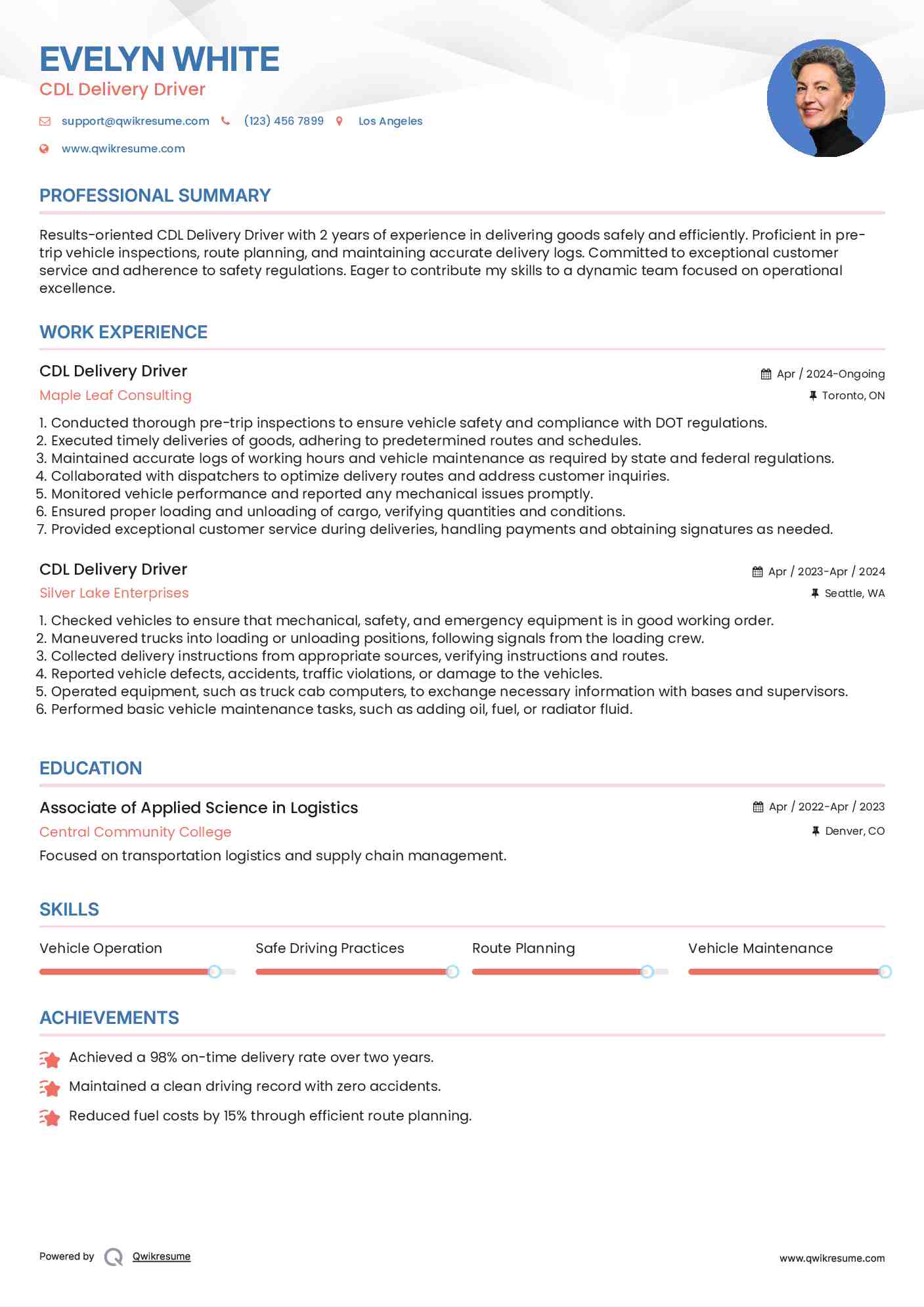 CDL Delivery Driver Resume Model