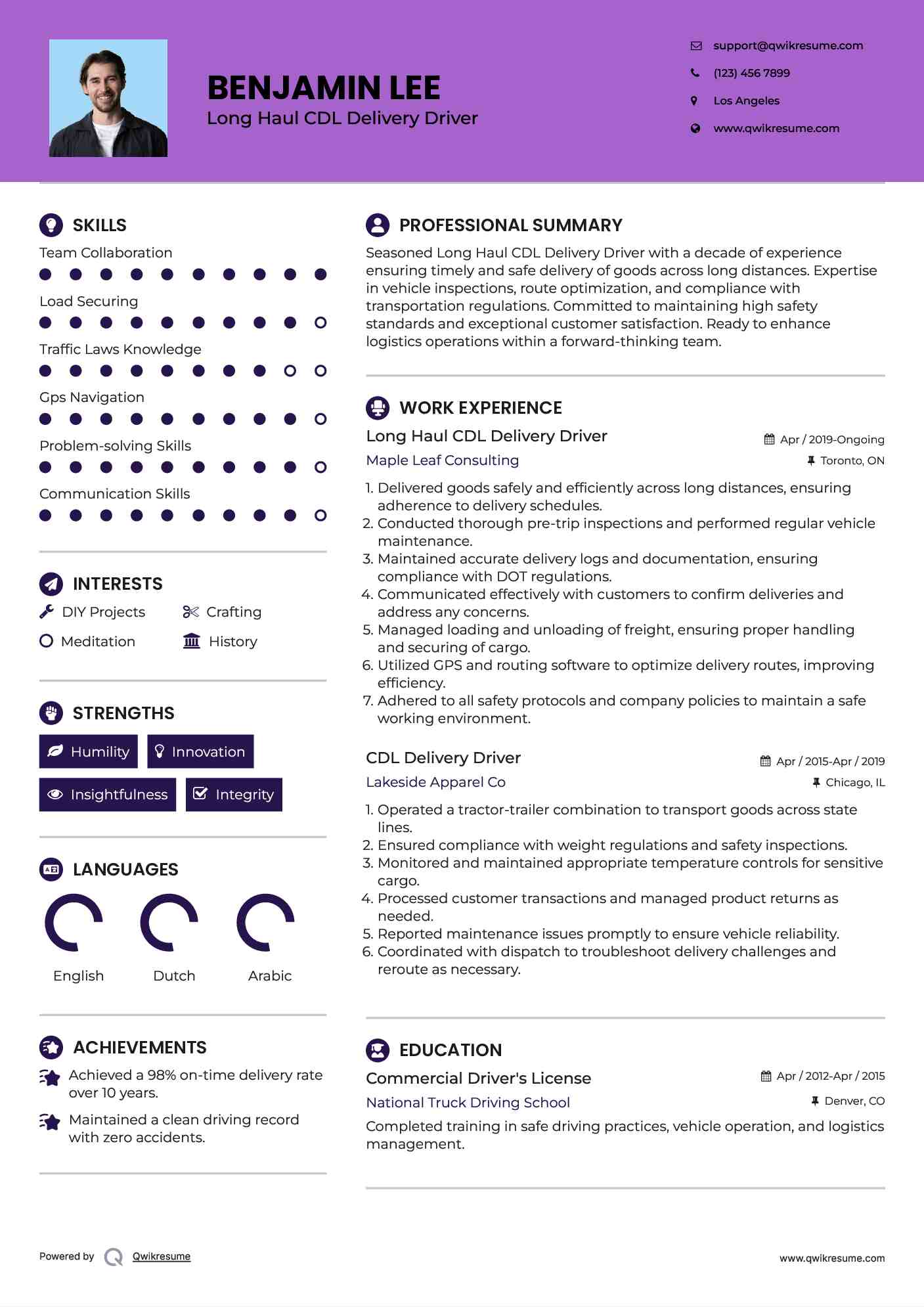 Long Haul CDL Delivery Driver Resume Format