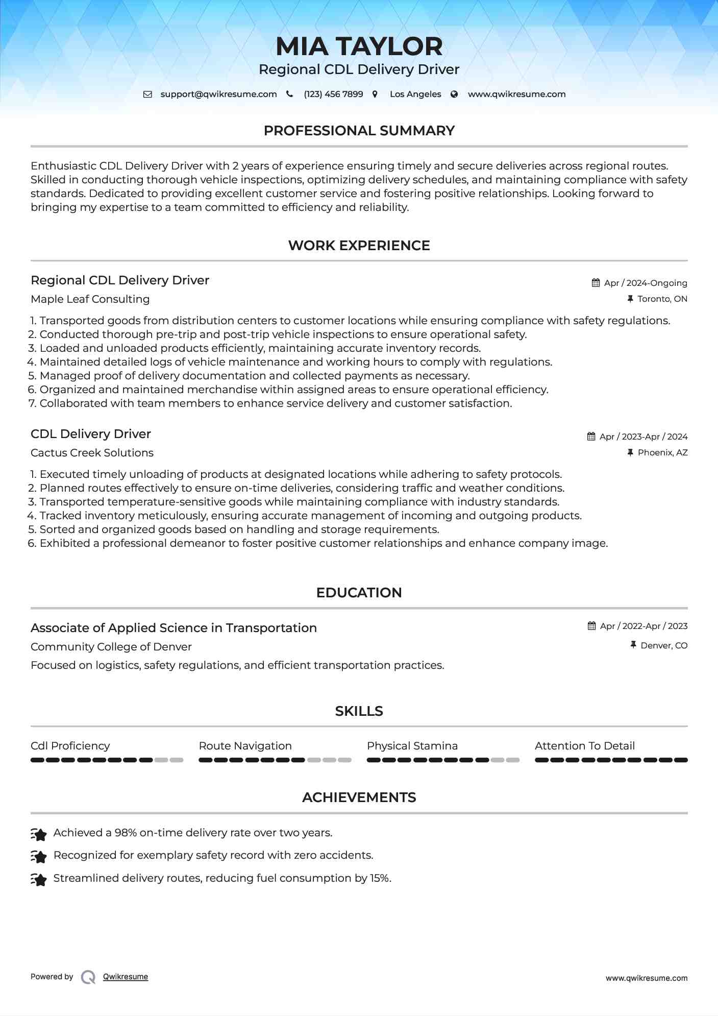 Regional CDL Delivery Driver Resume Sample