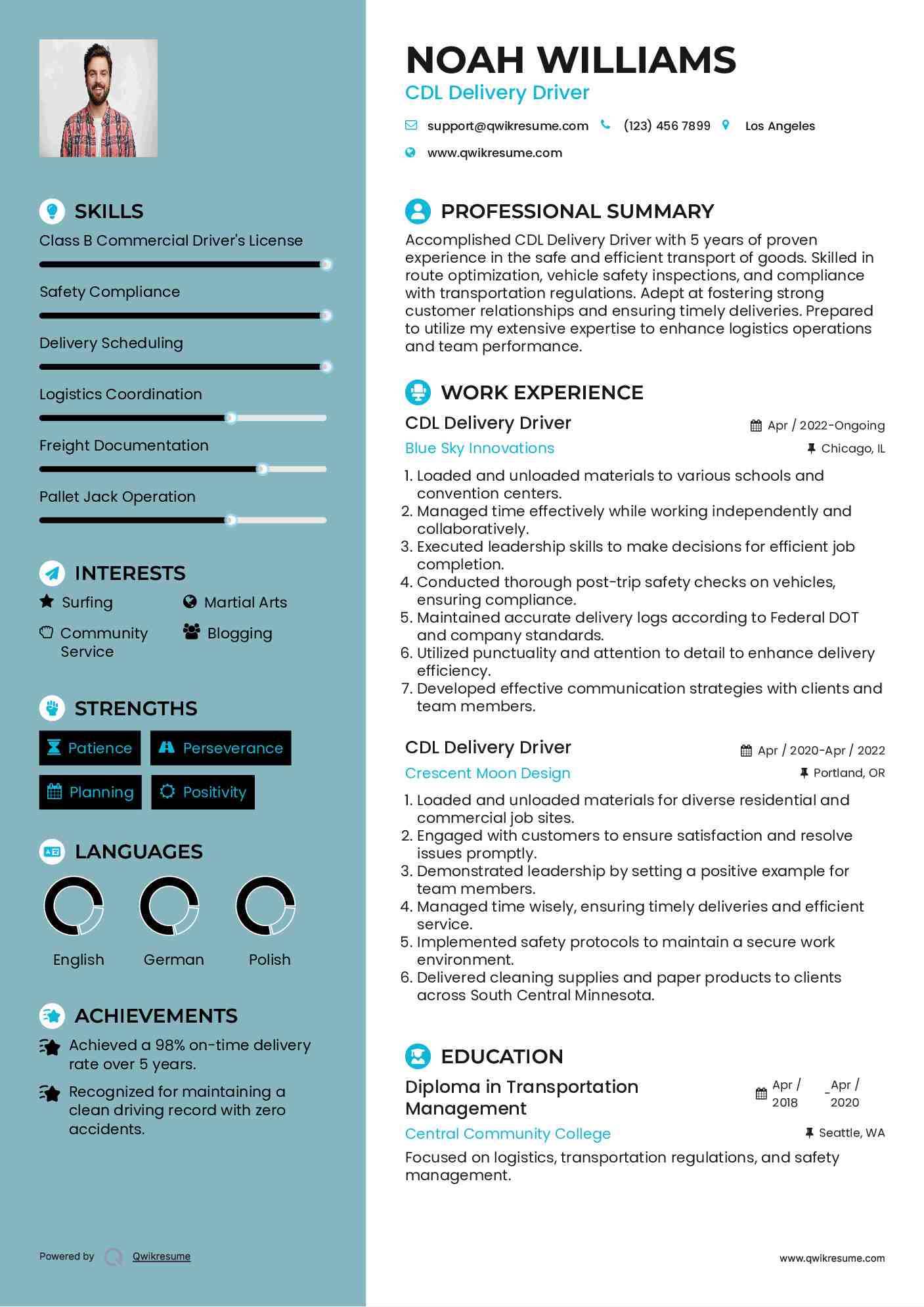 CDL Delivery Driver Resume Sample