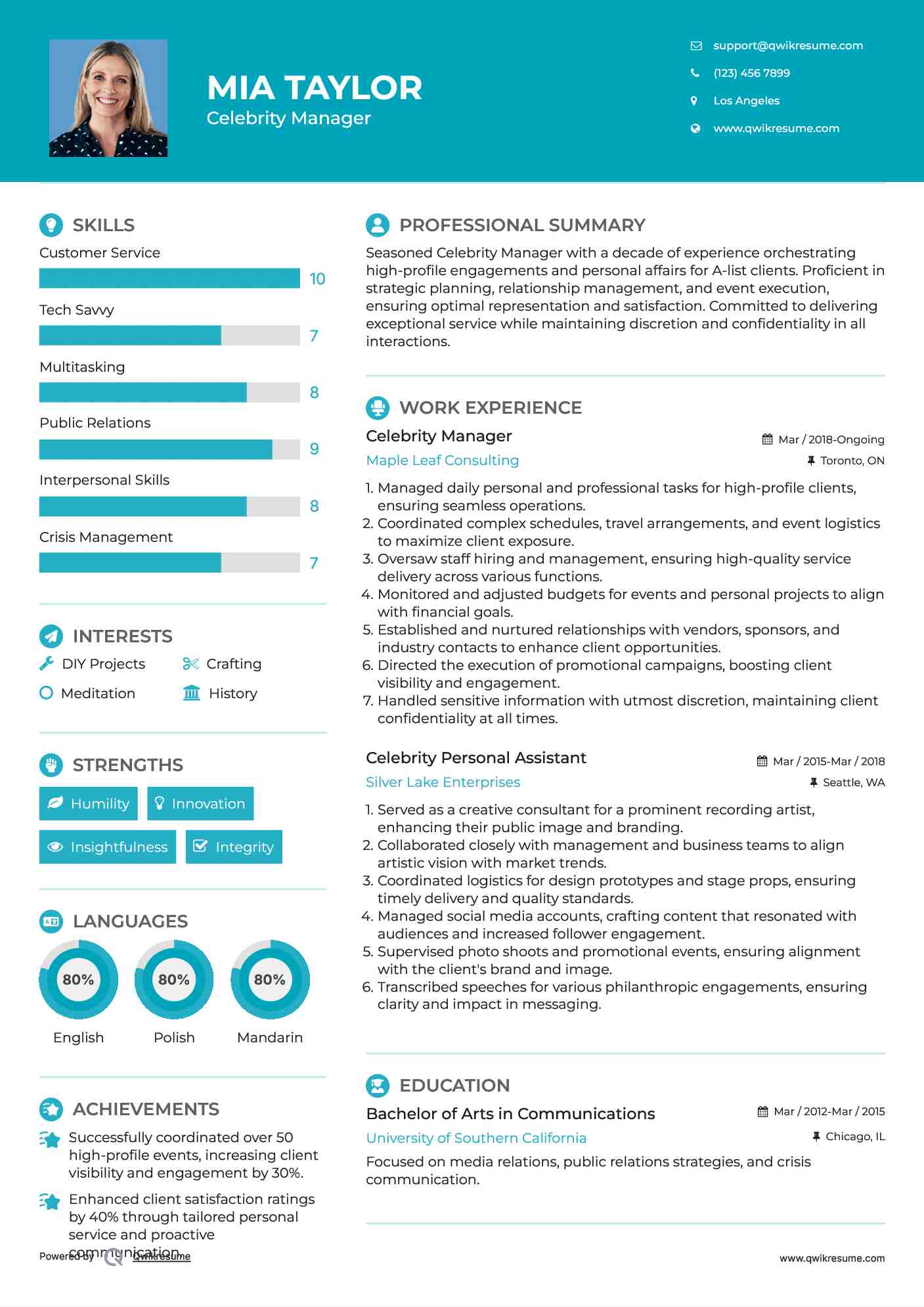 Celebrity Manager Resume Example