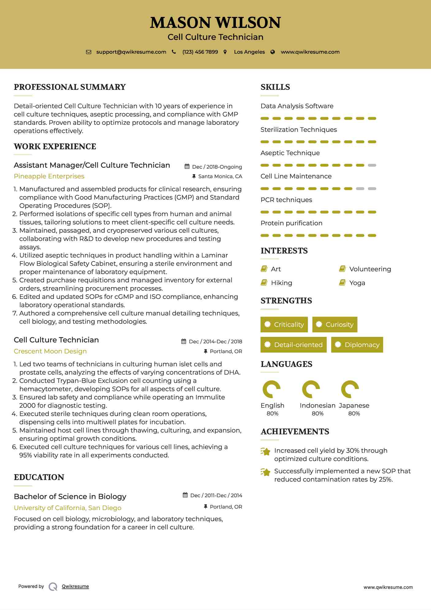 Assistant Manager/Cell Culture Technician Resume Model