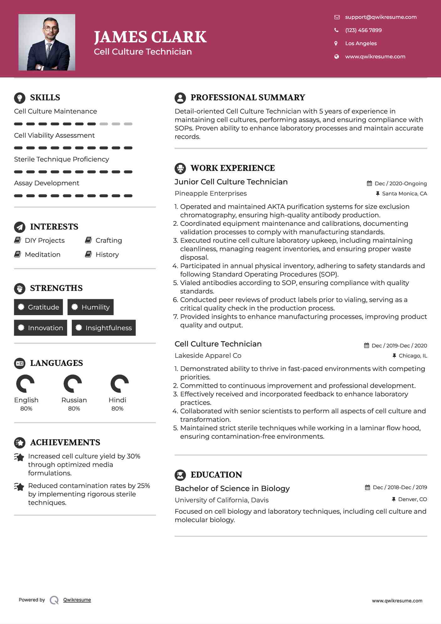 Junior Cell Culture Technician Resume Example