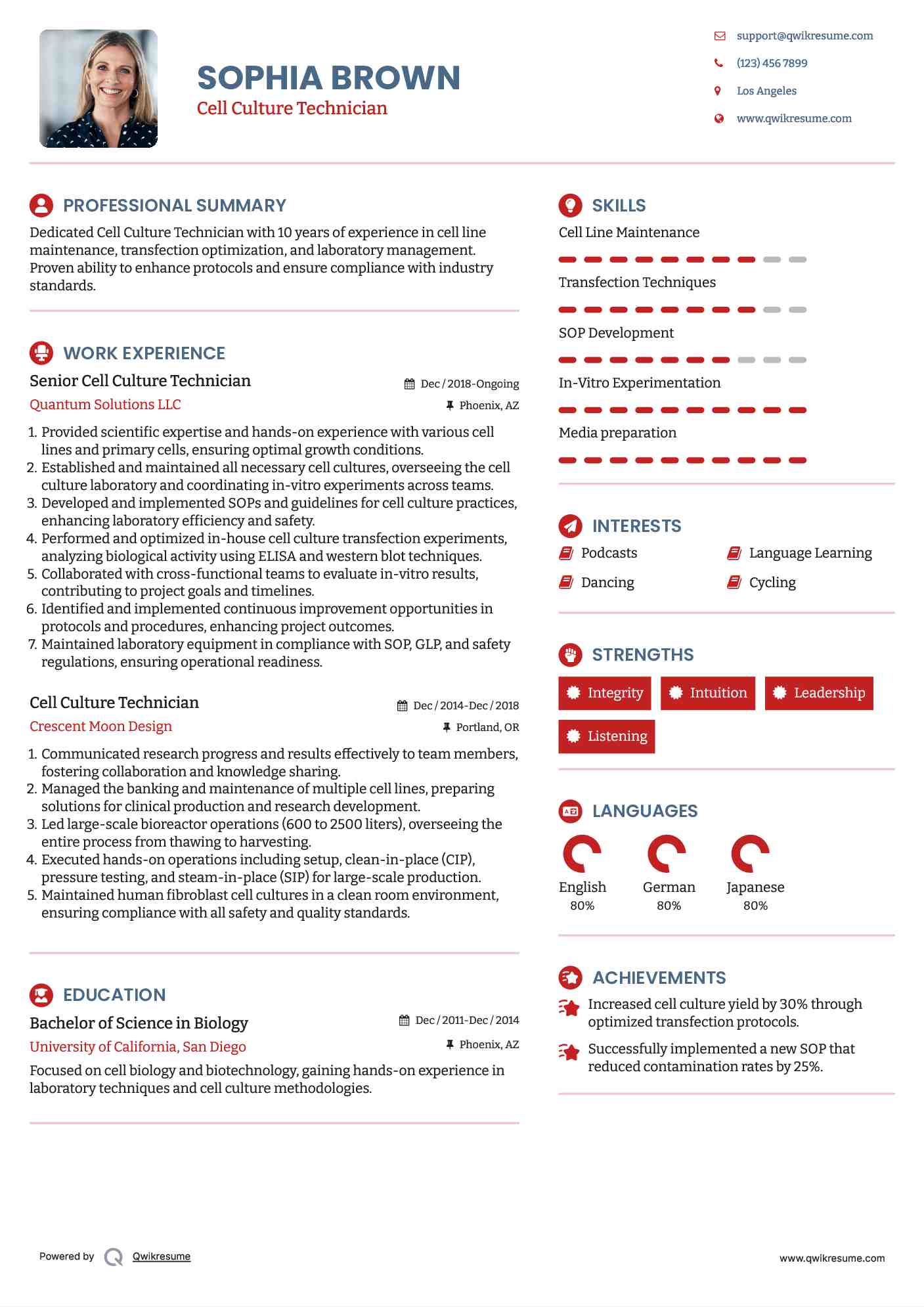 Senior Cell Culture Technician Resume Sample