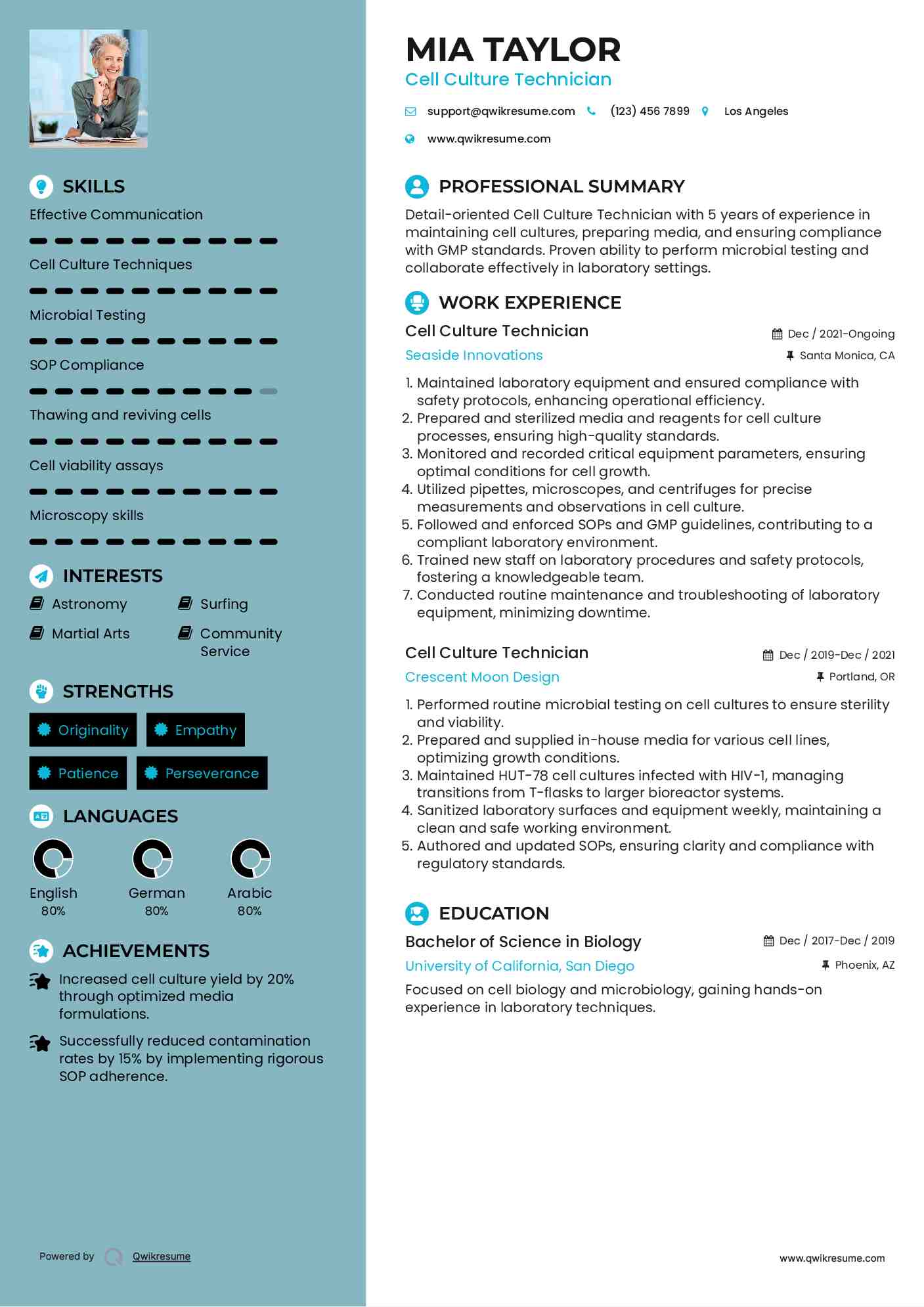 Cell Culture Technician Resume Sample