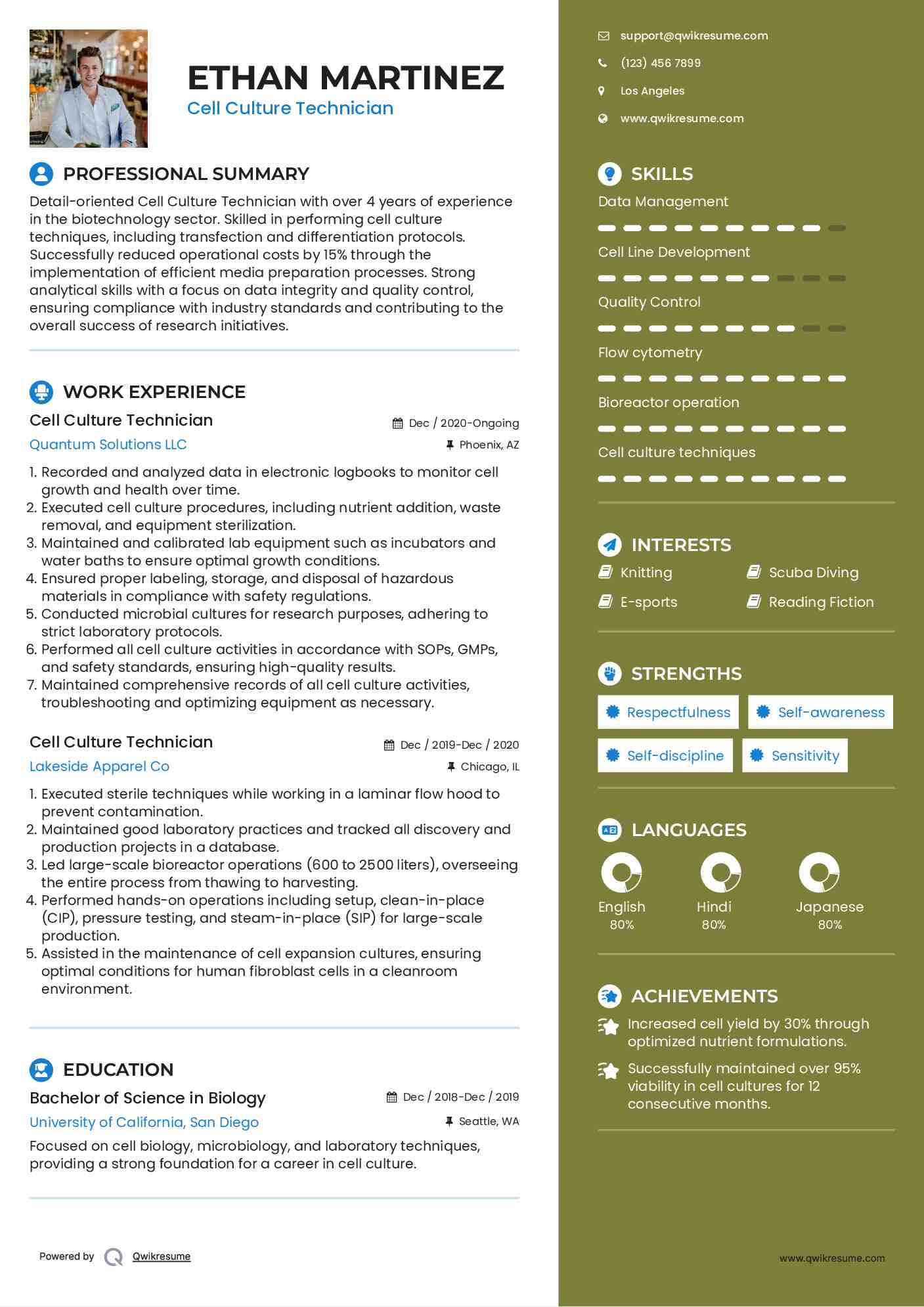 Cell Culture Technician Resume Example