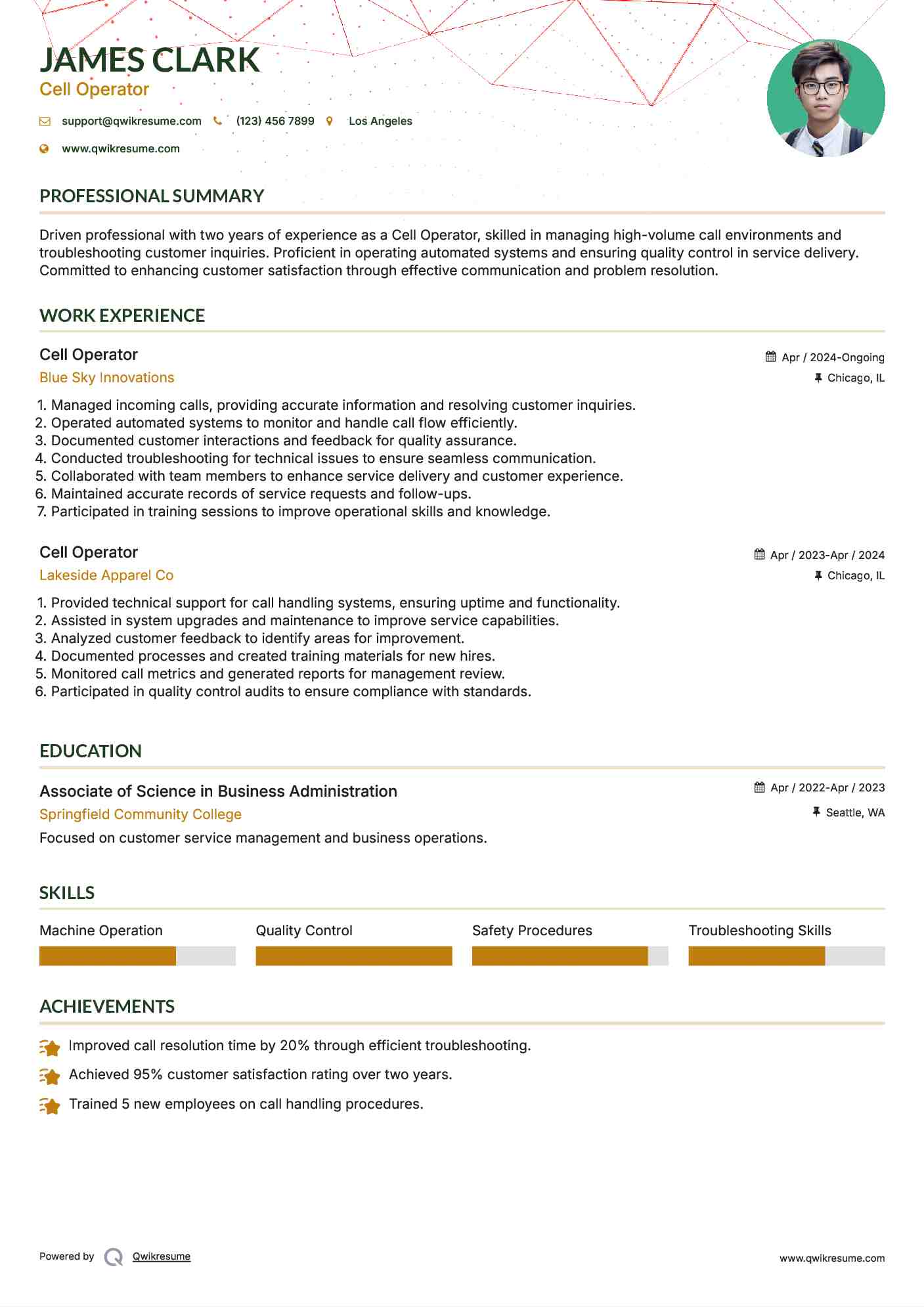 Cell Operator Resume Example