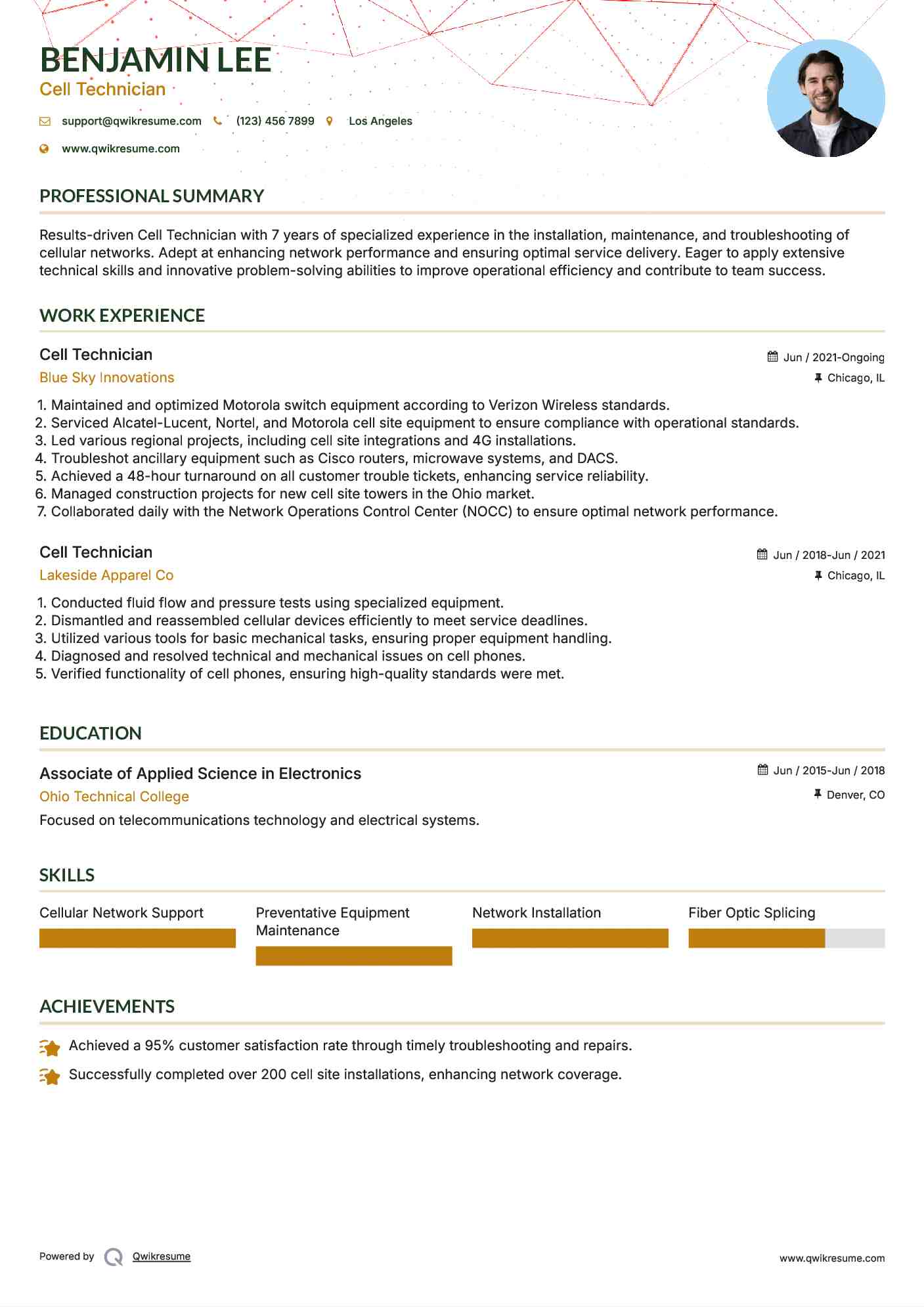 Cell Technician Resume Sample