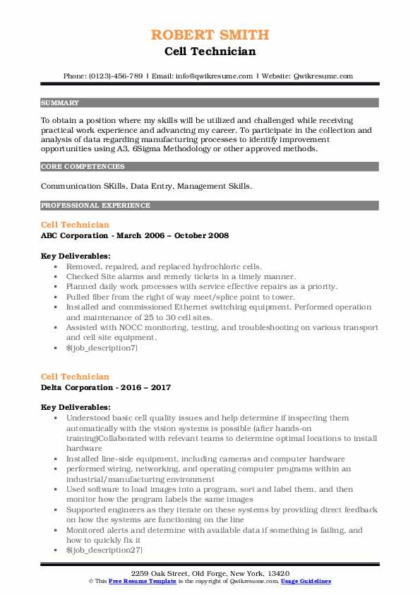 Cell Technician Resume Samples QwikResume