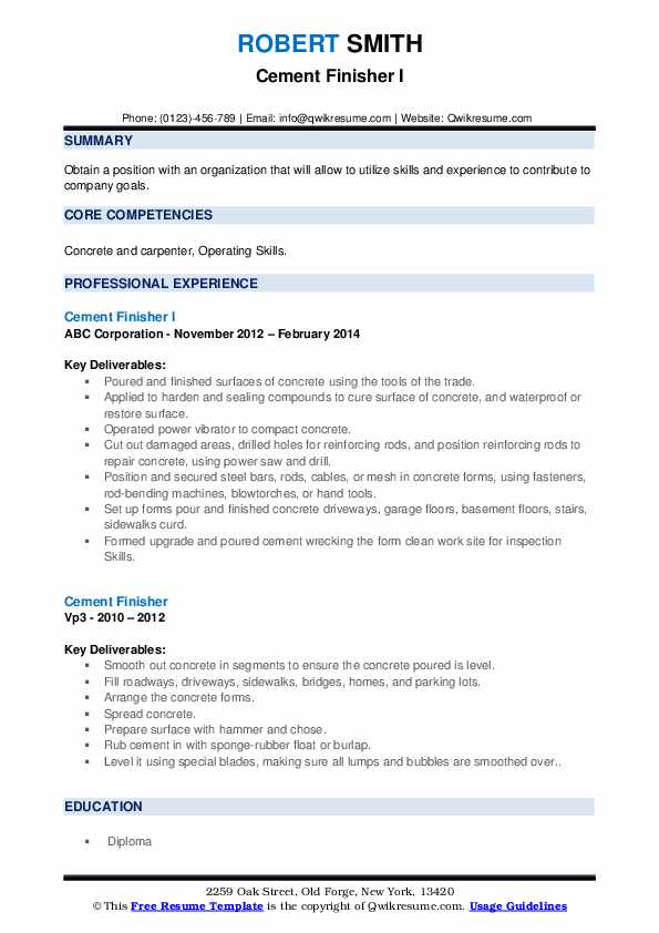 Cement Finisher Resume Samples QwikResume