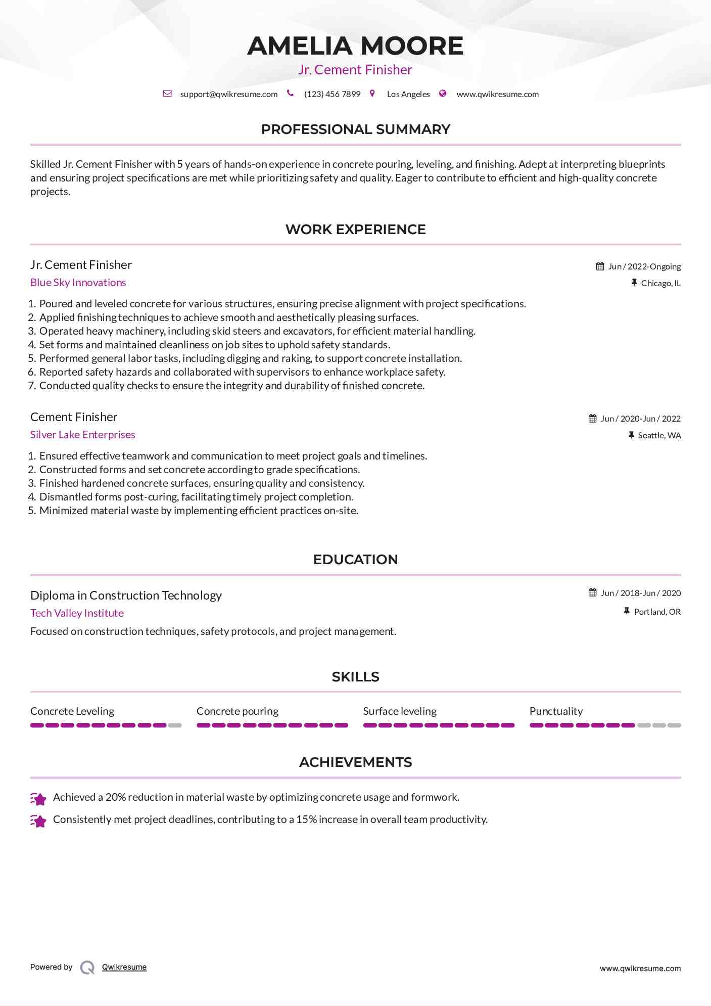 Jr. Cement Finisher Resume Sample