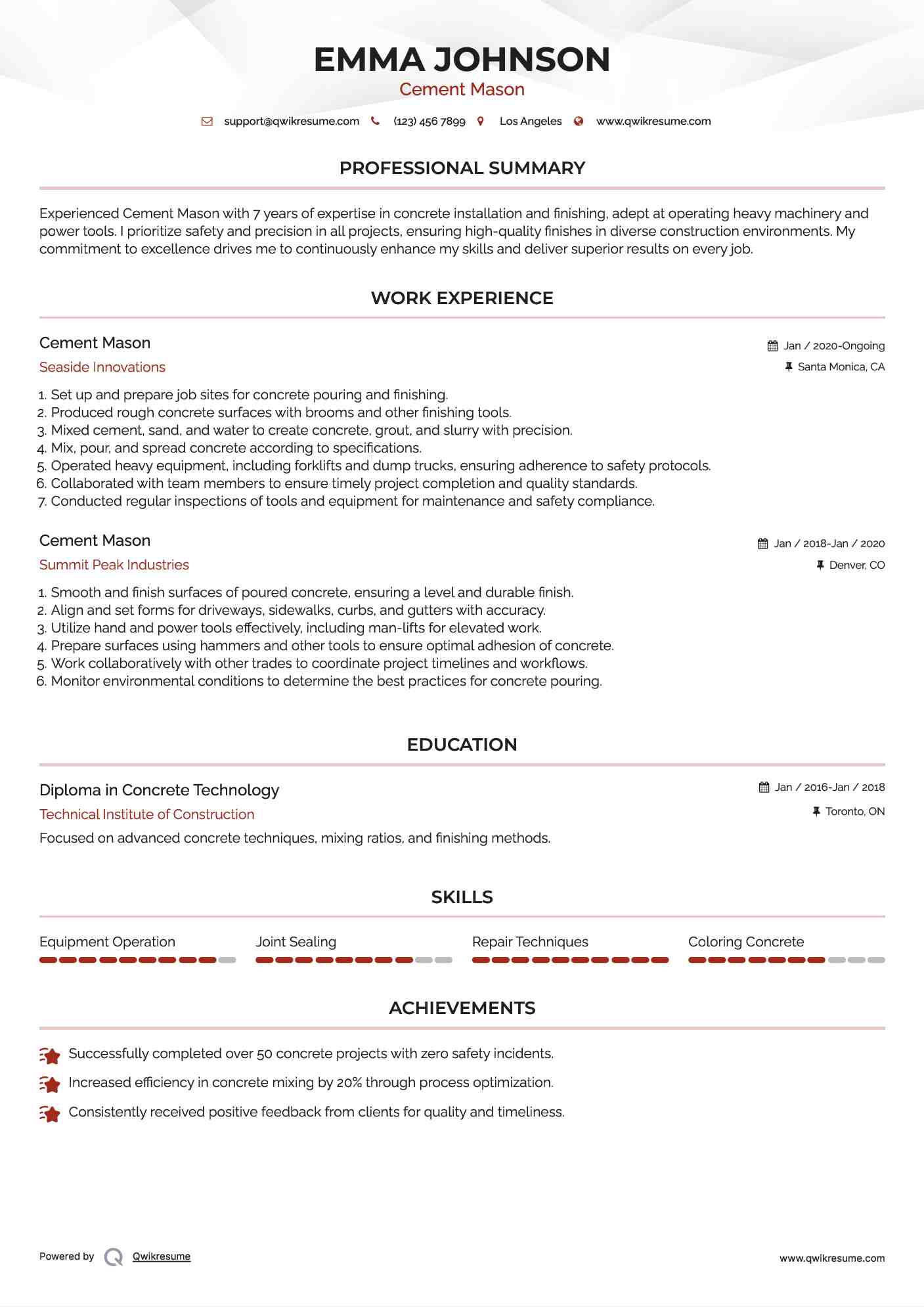 Cement Mason Resume Example