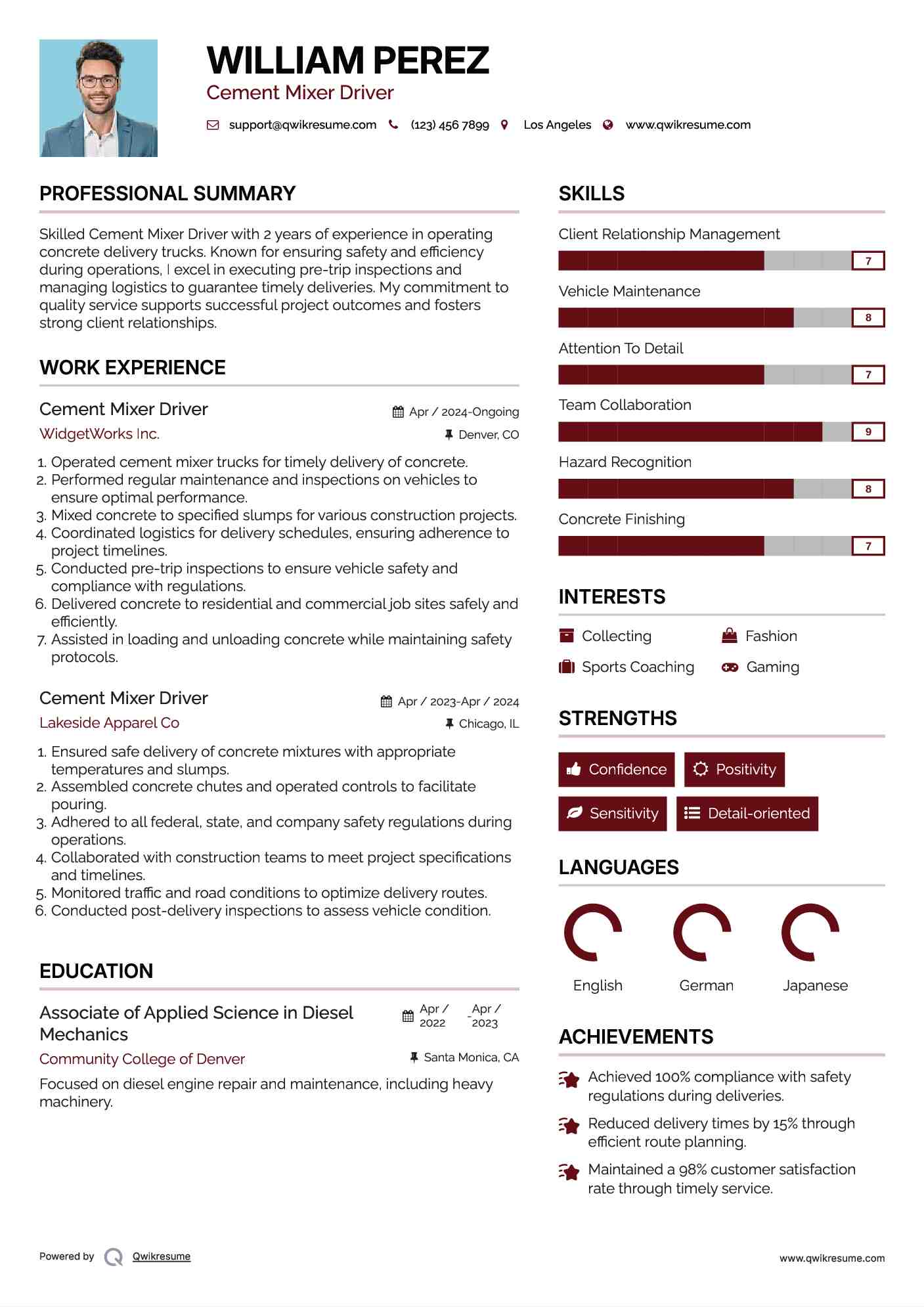 Cement Mixer Driver Resume Samples QwikResume