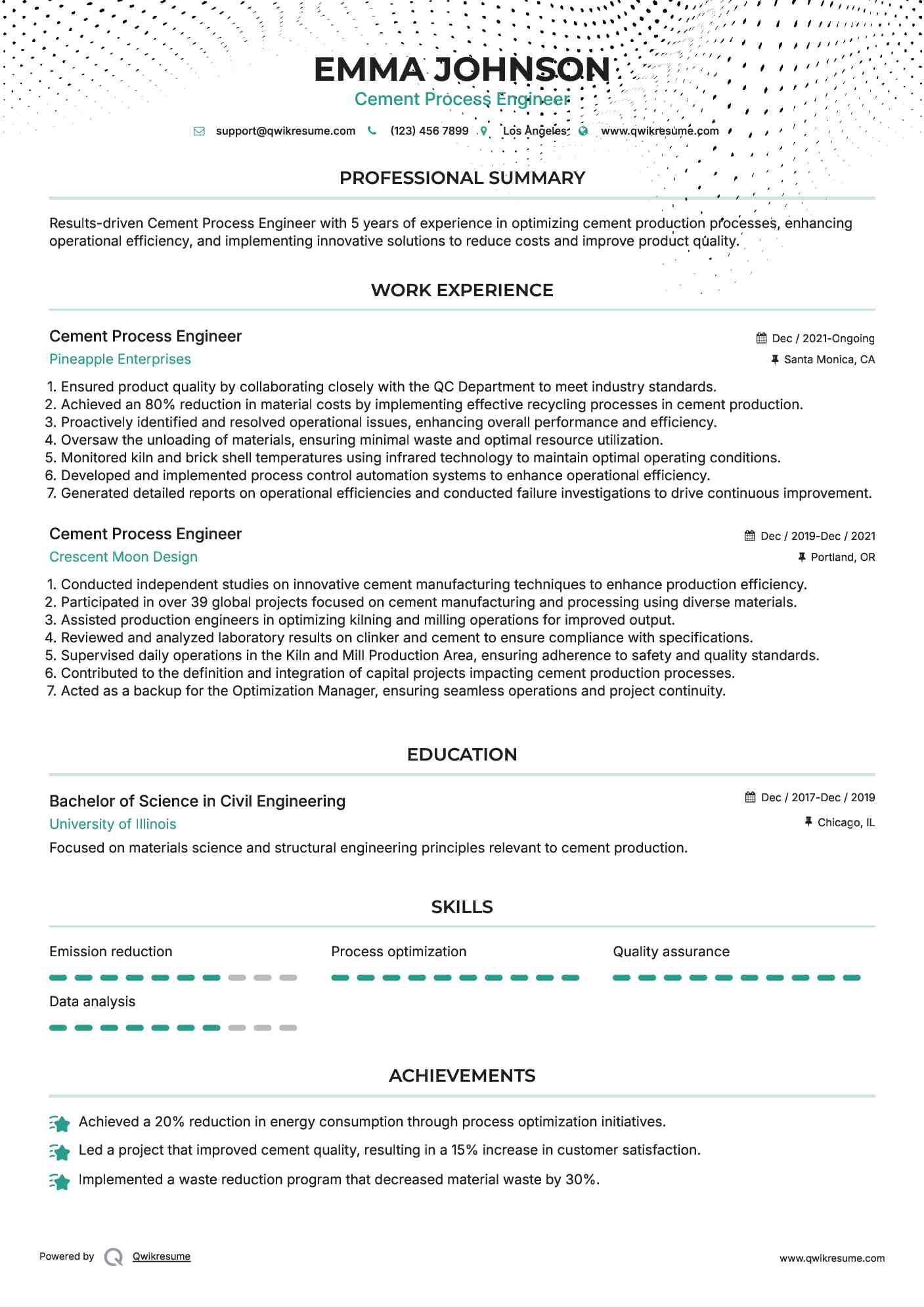 Cement Process Engineer Resume Model