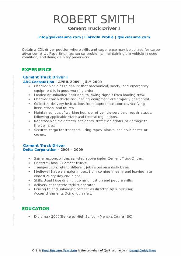 Cement Truck Driver Resume Samples QwikResume